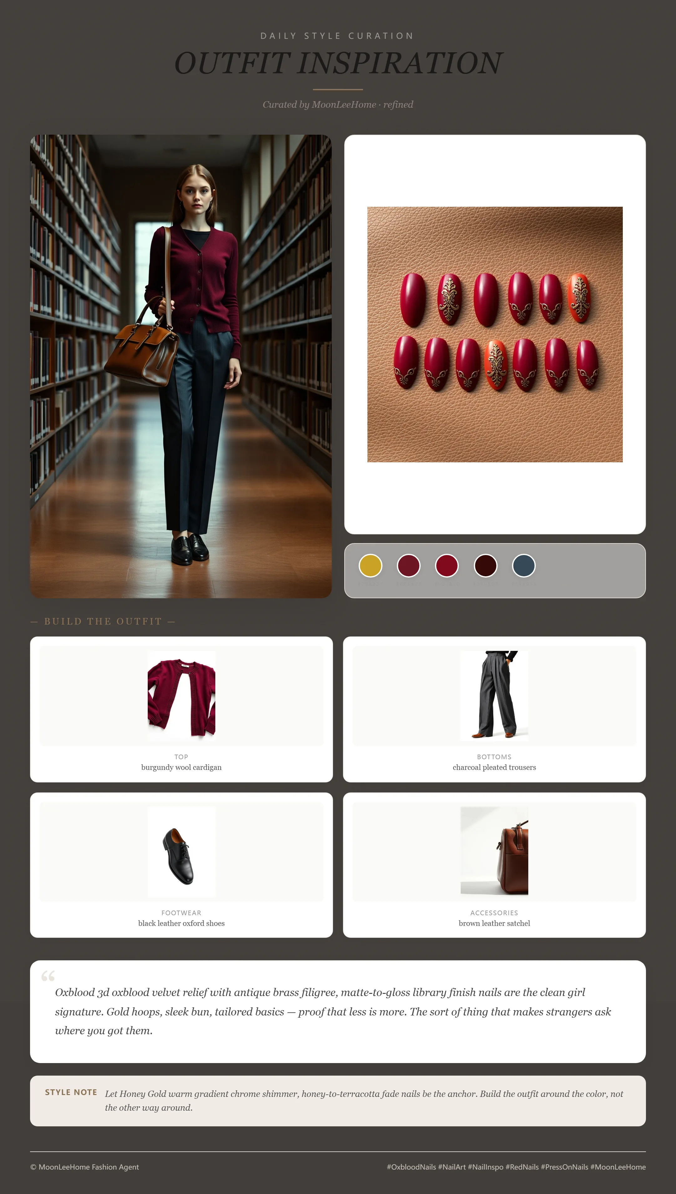 MOONLEE Dark Academia Oxblood 3D Press-On Nails paired with burgundy wool cardigan, charcoal pleated trousers, black leather oxford shoes, brown leather satchel — library study outfit inspiration