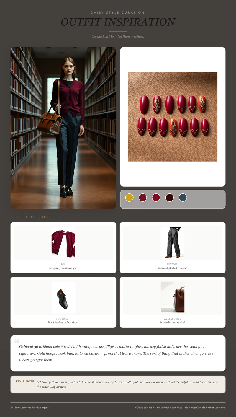 Dark Academia Oxblood 3D Press-On Nails + Library Study Outfit Ideas | MOONLEE Style