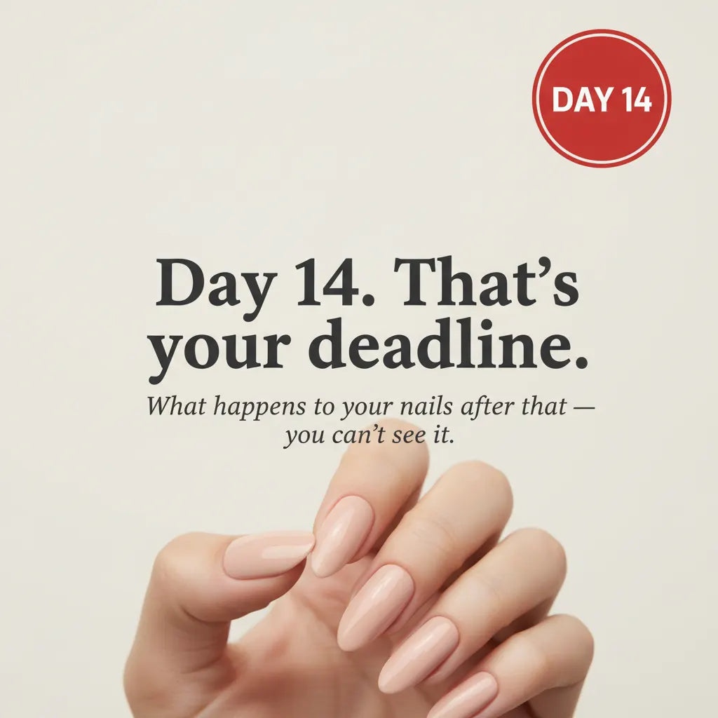 A hand with flawless nude press-on nails marked with a Day 14 warning — illustrating the safe wear limit recommended by dermatologists before moisture trapping and nail bed separation become a risk. MOONLEE press-on nail safety guide.