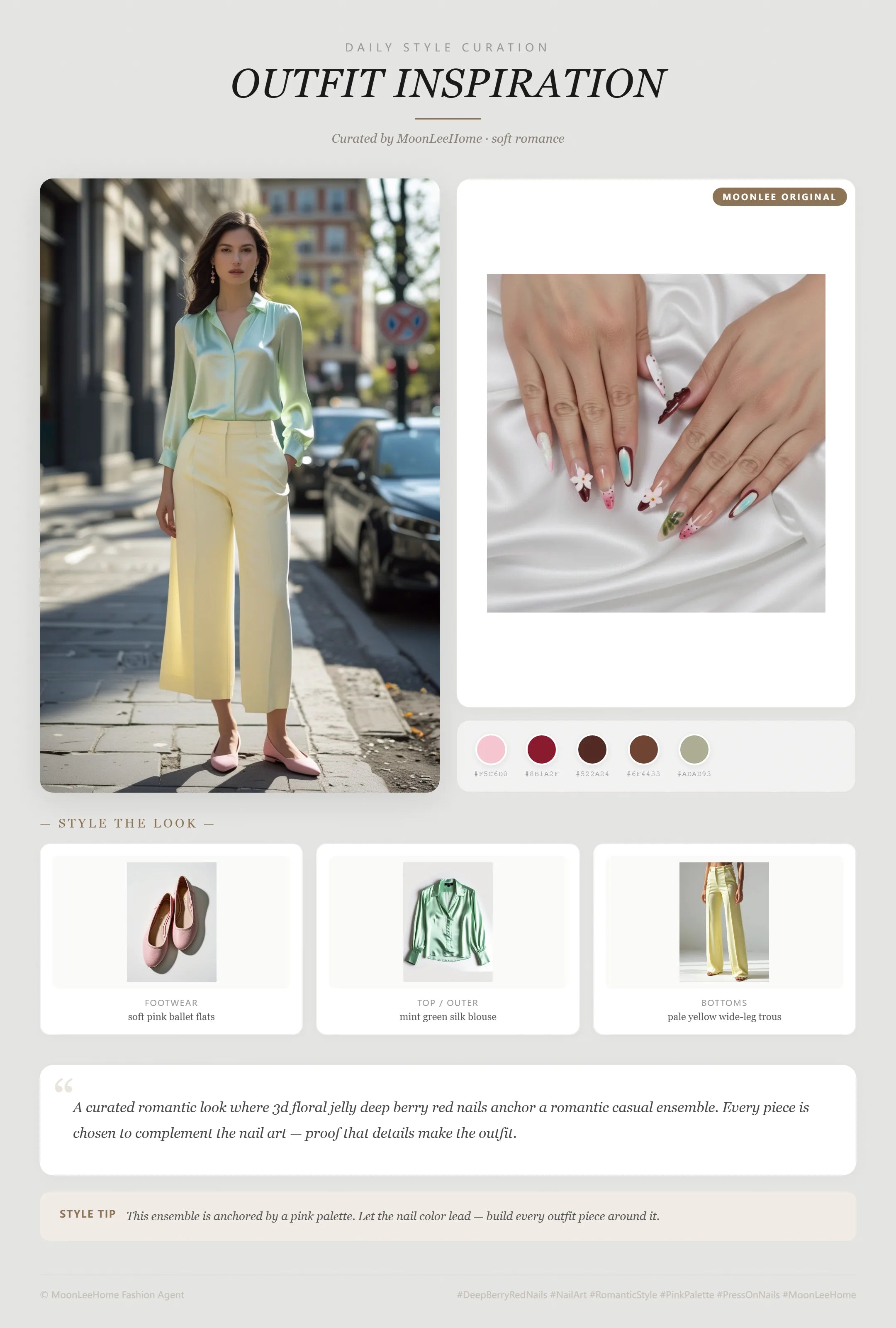 MOONLEE Strawberry Bloom Deep Berry Red 3D Floral Jelly Press-On Nails paired with ivory lace blouse, blush pink midi skirt, nude heels and cream bag — romantic date night outfit inspiration