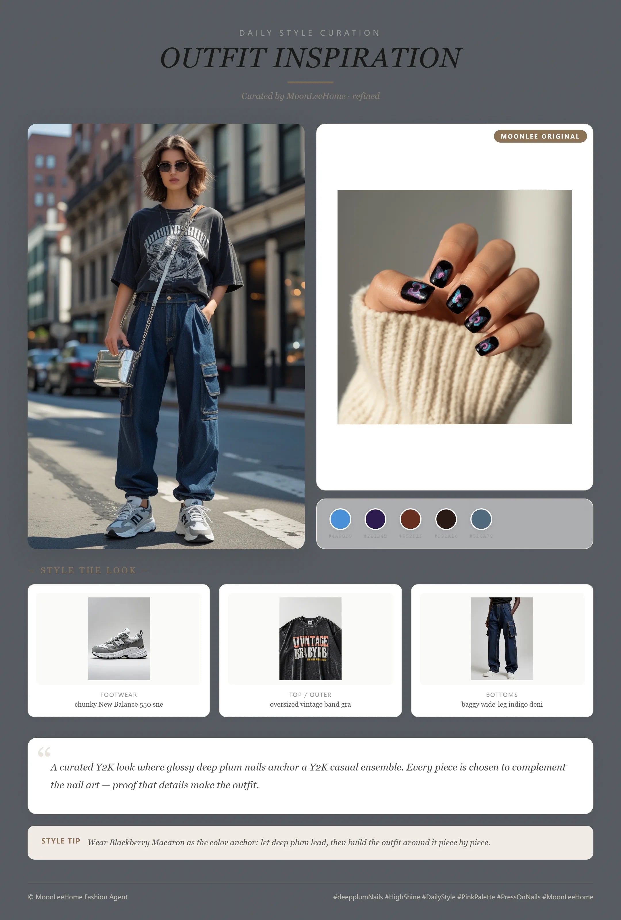 MOONLEE Blackberry Macaron Y2K butterfly nails paired with oversized vintage band tee, baggy wide-leg denim cargos, chunky New Balance 550 sneakers and silver baguette bag — party outfit inspiration