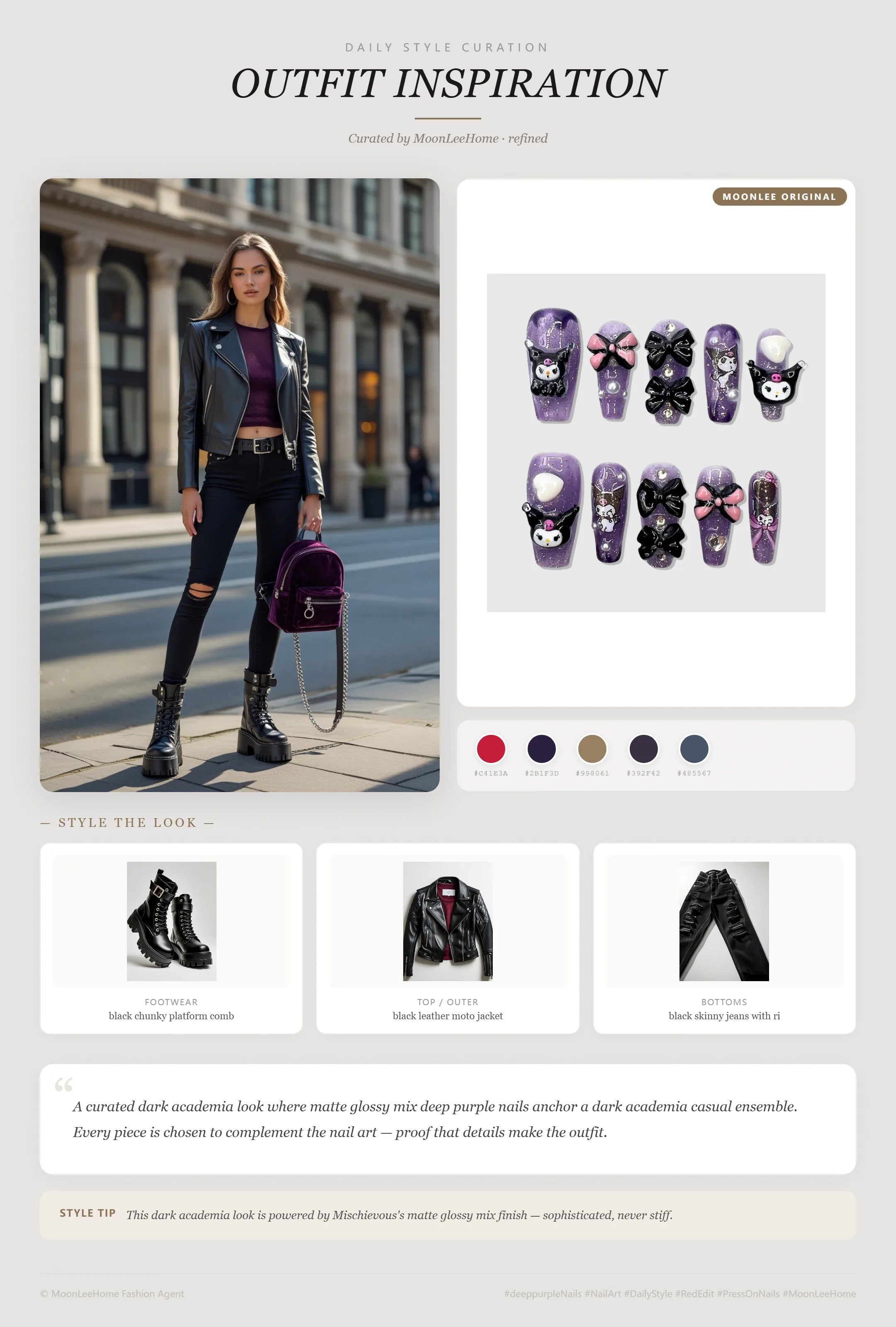 MOONLEE Mischievous dark edgy nails paired with black leather moto jacket, burgundy mesh top, ripped black skinny jeans, platform combat boots and purple velvet backpack — alternative party outfit inspiration