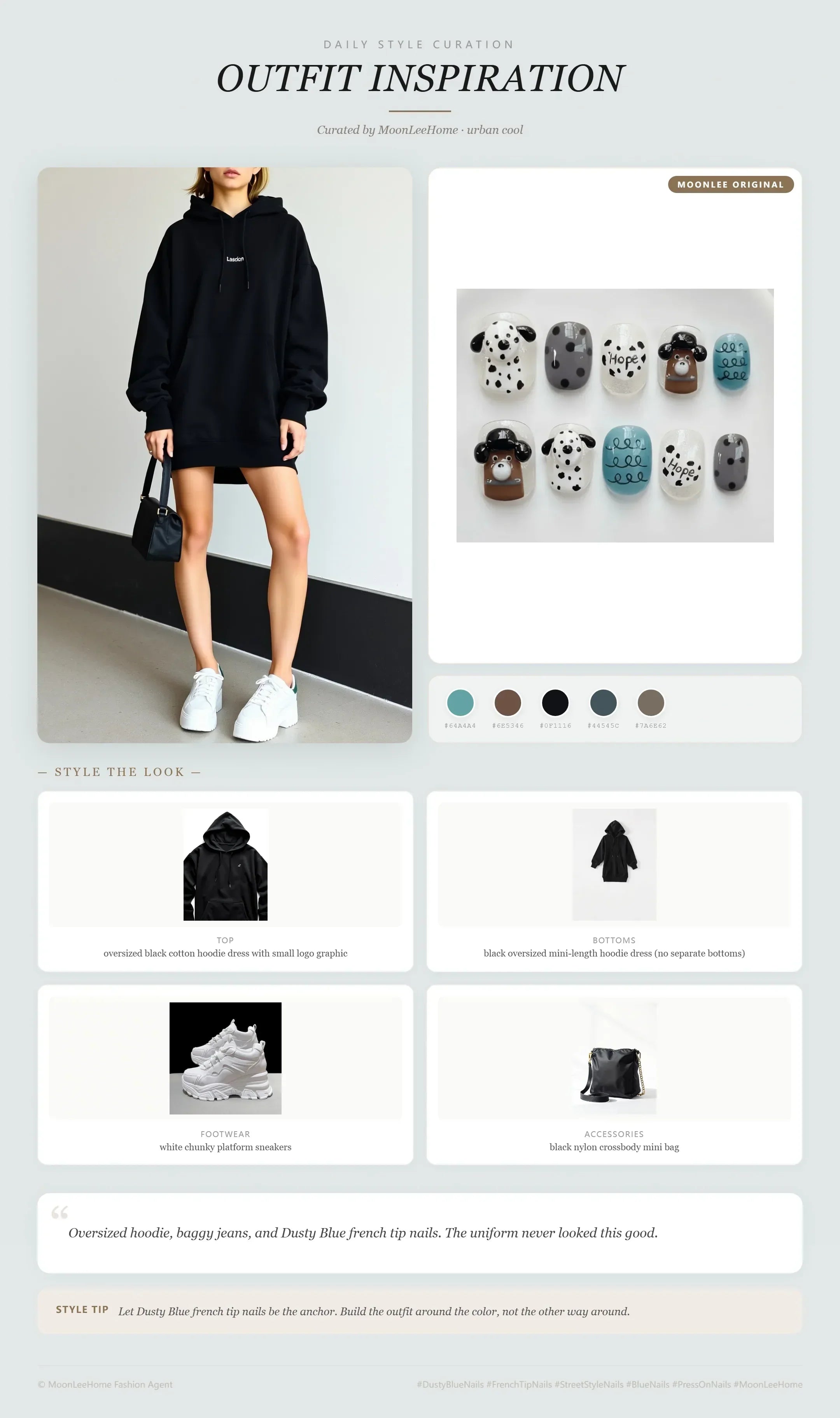 Oreo Milk Pudding press-on nails styled with oversized black hoodie dress and white chunky platform sneakers for a casual weekend look — MOONLEE