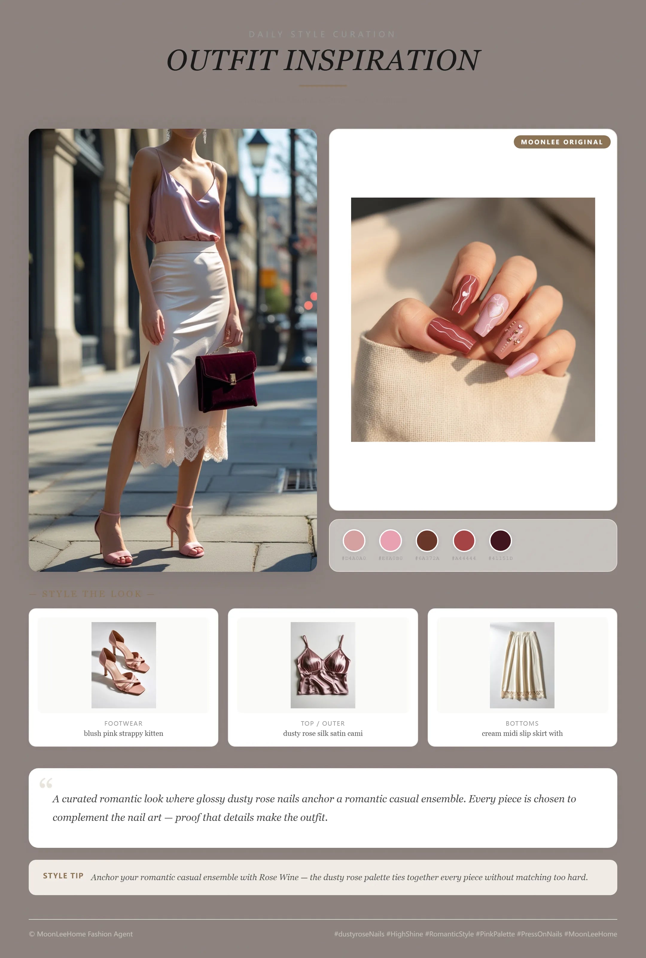 MOONLEE Rose Wine heart motif nails paired with dusty rose silk camisole, cream lace slip skirt, blush kitten heel sandals and burgundy velvet clutch — romantic date night outfit inspiration