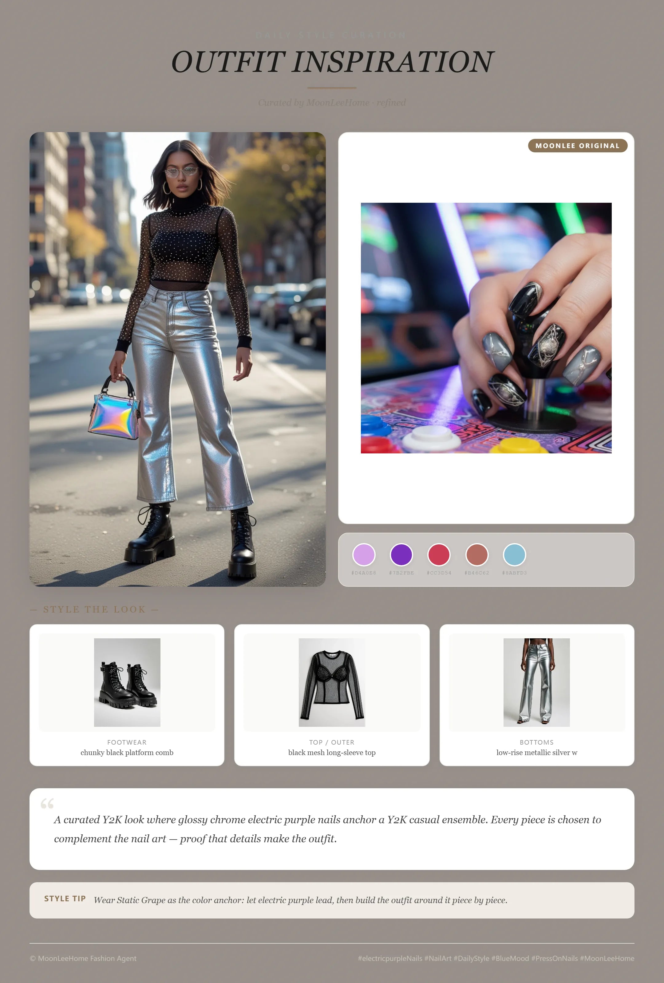 MOONLEE Static Grape Y2K chrome press-on nails paired with black mesh rhinestone top, metallic silver jeans, platform combat boots and holographic bag — party outfit inspiration