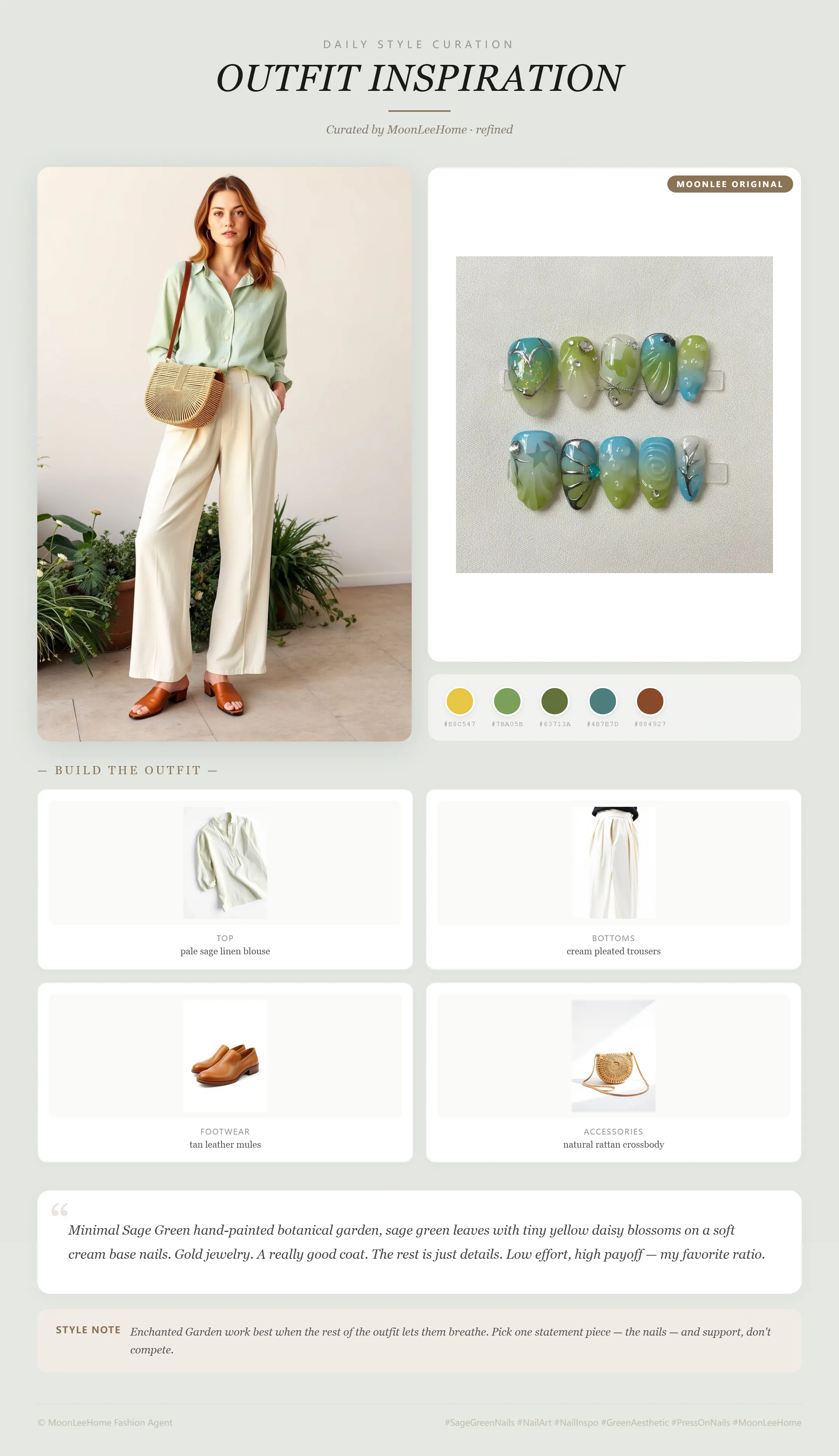 MOONLEE Enchanted Garden Press-On Nails paired with pale sage linen blouse, cream pleated trousers, tan leather mules, natural rattan crossbody — weekend brunch outfit inspiration