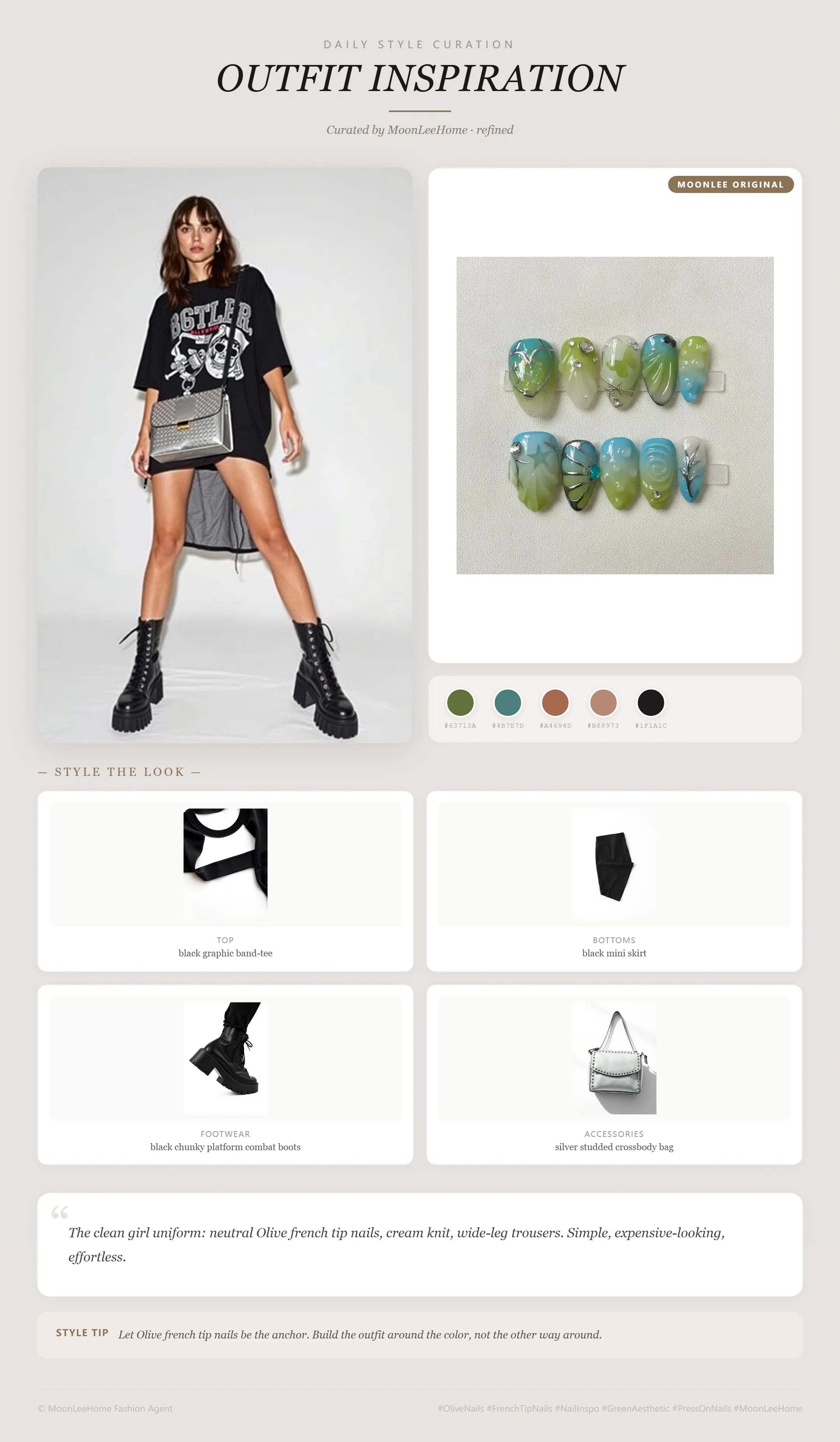 MOONLEE Enchanted Garden Press-On Nails paired with black graphic band-tee, black mini skirt, black chunky platform combat boots, silver studded crossbody bag — party outfit inspiration