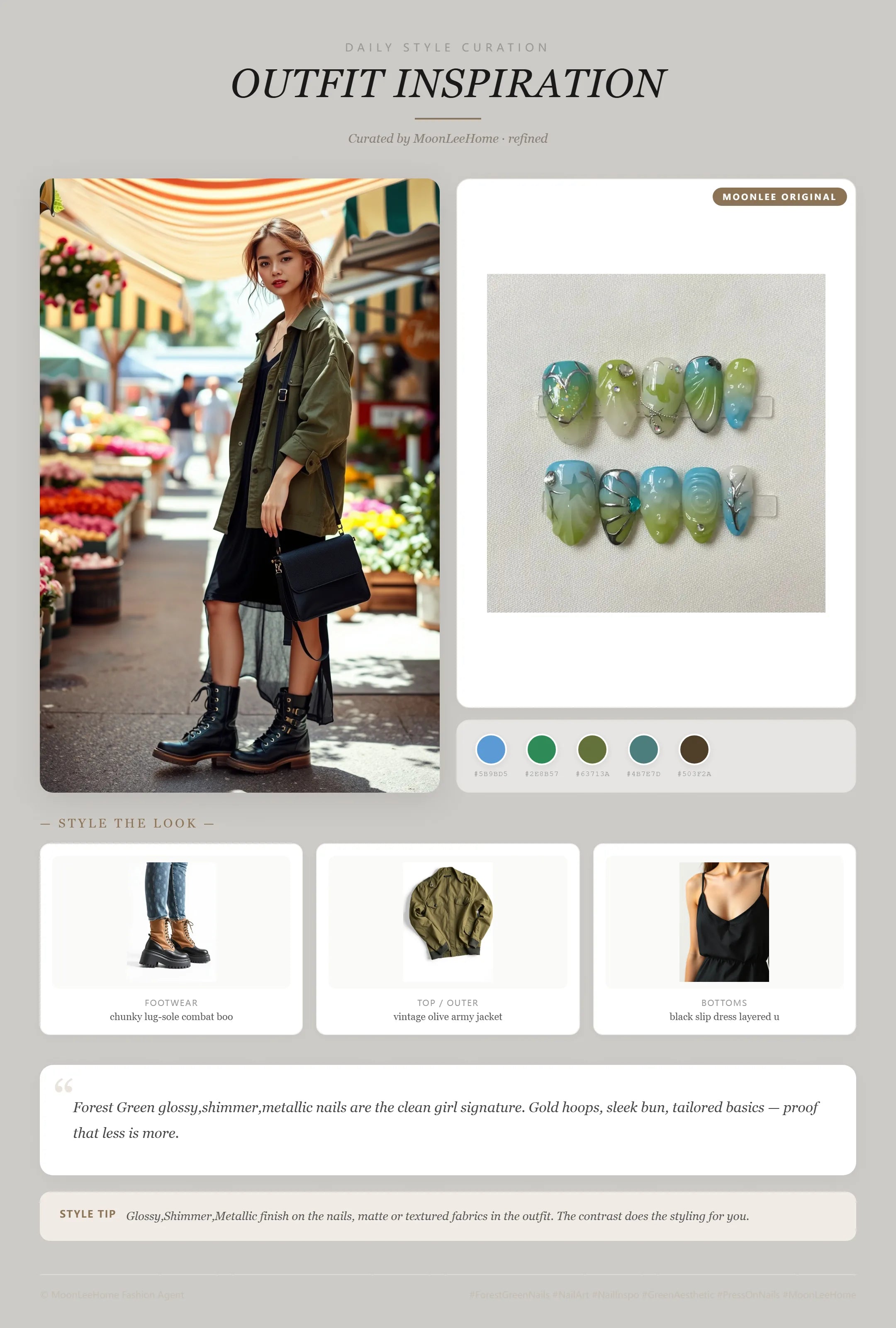 MOONLEE Forest Green × Twilight Blue Whimsical Press-On Nails paired with vintage olive army jacket, black slip dress layered under, chunky lug-sole combat boots, worn black canvas crossbody fashion inspiration card