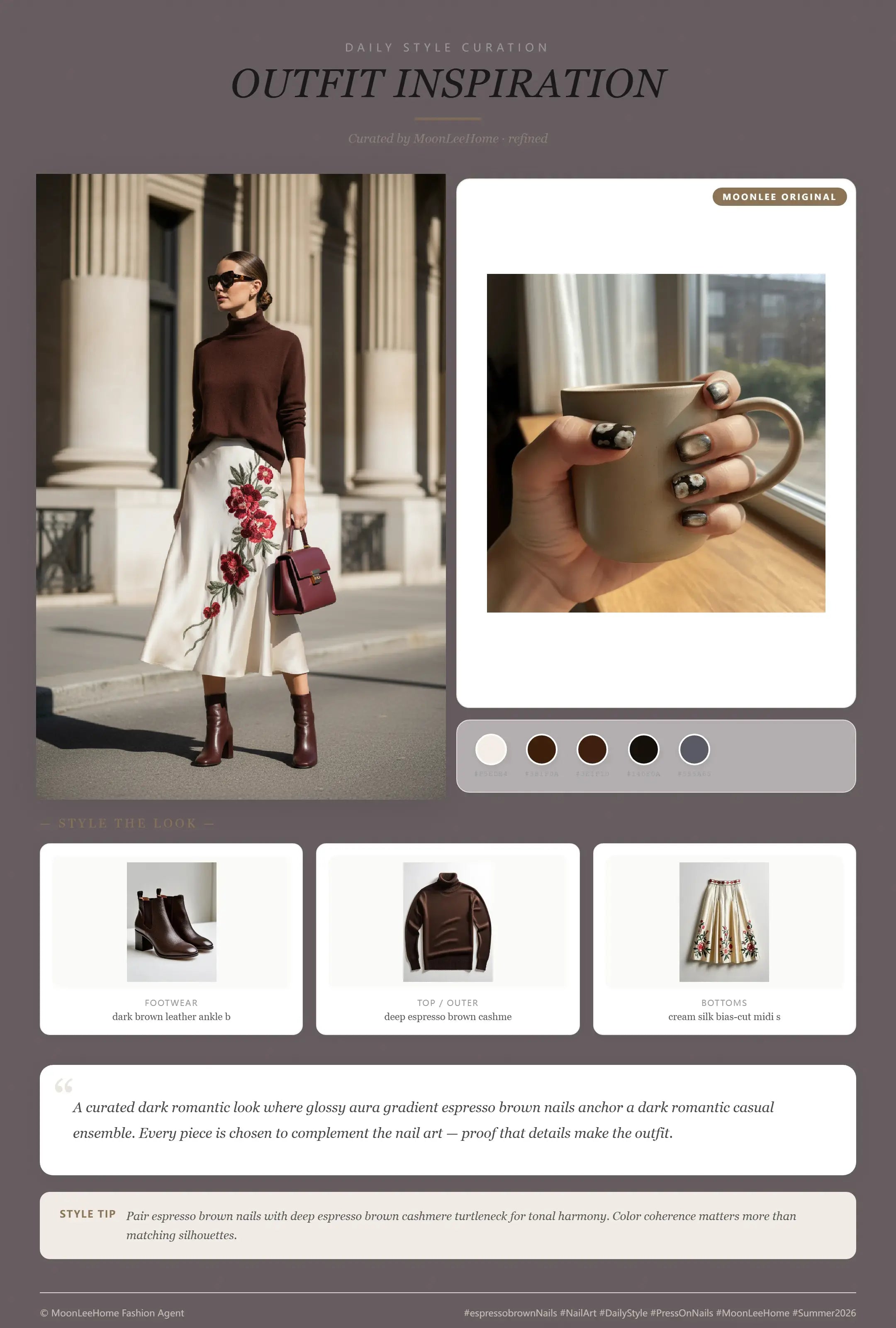 MOONLEE Mocha Cream Blossom aura gradient press-on nails paired with deep espresso brown cashmere turtleneck, cream silk floral midi skirt, dark brown ankle boots and burgundy leather crossbody bag — date night outfit inspiration