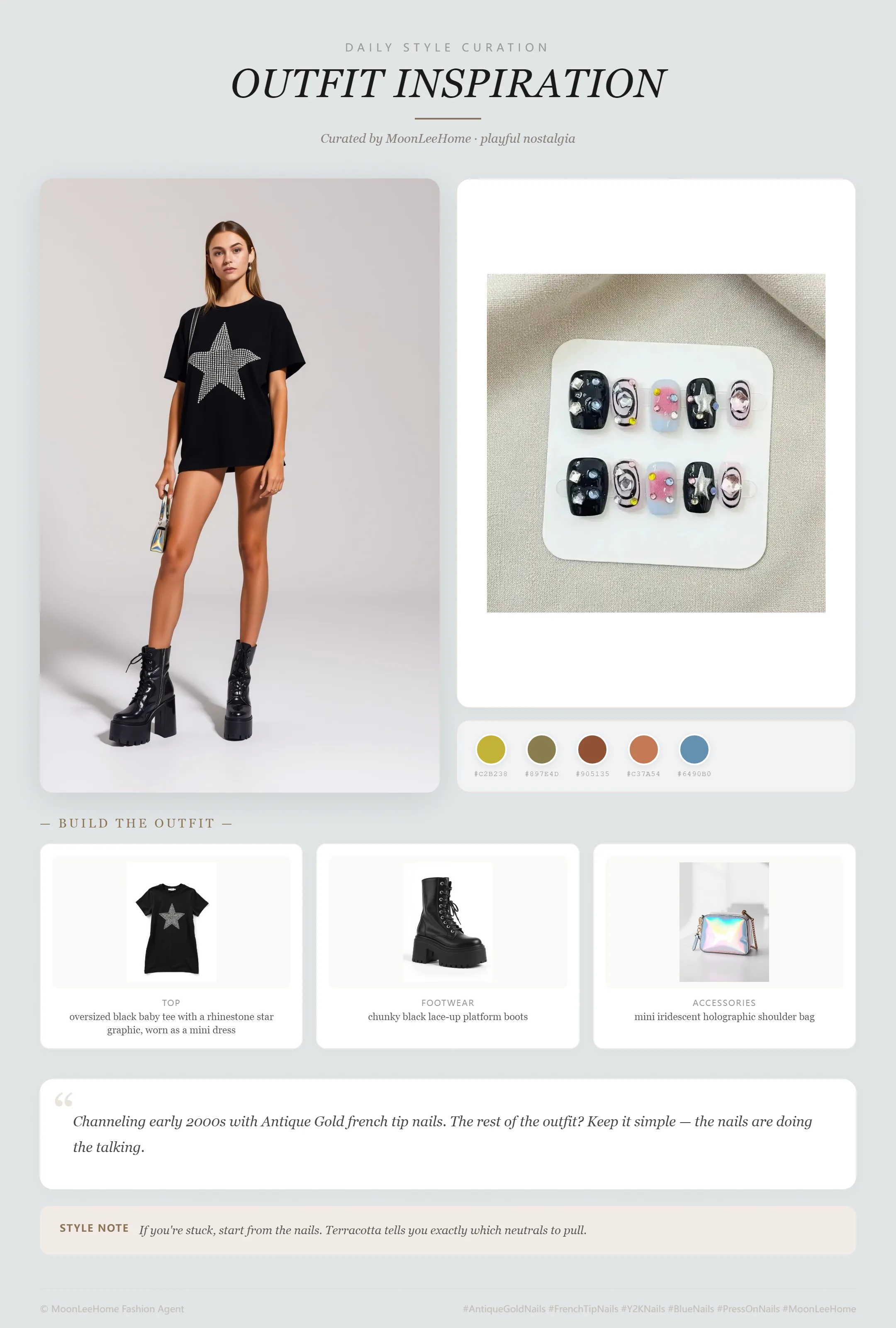 MOONLEE Cosmic Dark Star Press-On Nails paired with oversized black baby tee with a rhinestone star graphic worn as a mini dress, chunky black lace-up platform boots, mini iridescent holographic shoulder bag fashion inspiration card