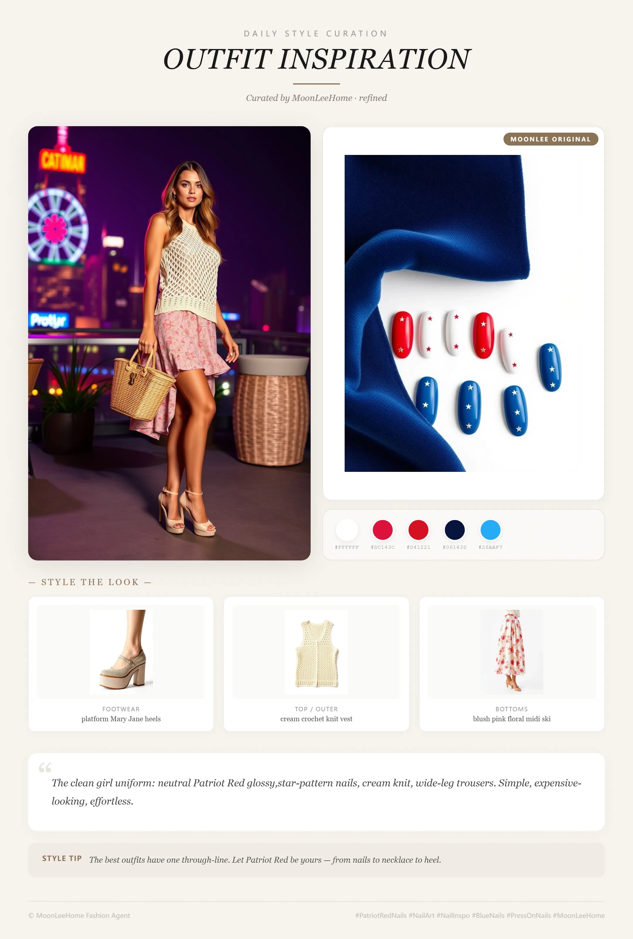 MOONLEE Firecracker Press-On Nails — glossy red with star pattern — paired with cream crochet vest, blush floral midi skirt, platform Mary Janes and rattan bag, party outfit inspiration