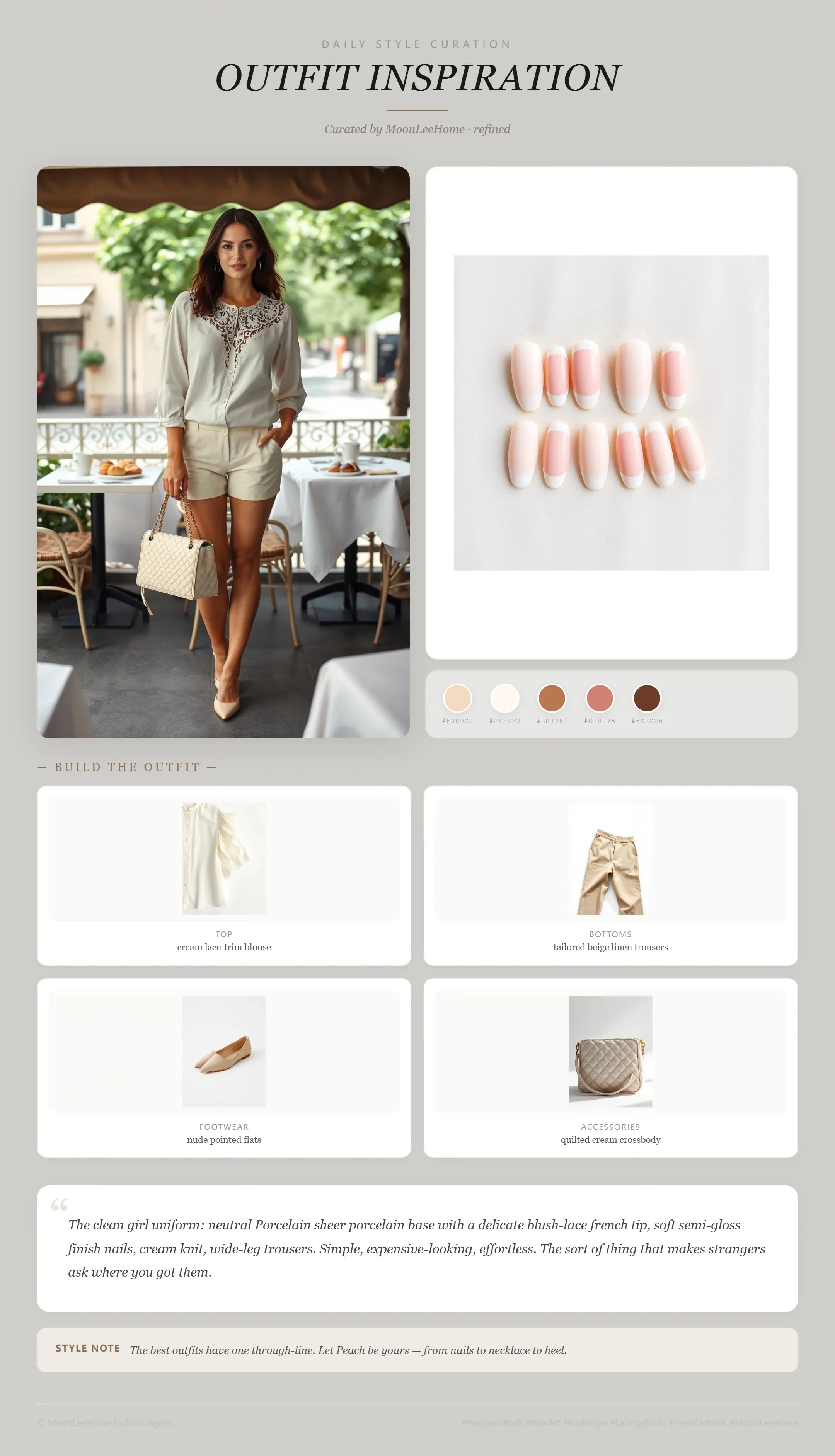 MOONLEE Porcelain × Blush Lace Classic French Press-On Nails paired with cream lace-trim blouse, tailored beige linen trousers, nude pointed flats, quilted cream crossbody fashion inspiration card