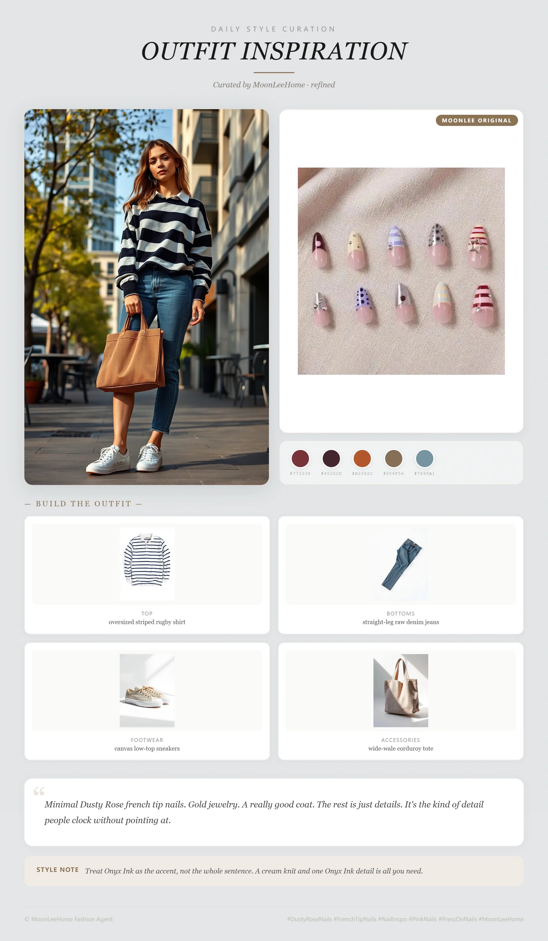 MOONLEE Fun Patch Press-On Nails paired with oversized striped rugby shirt, straight-leg raw denim jeans, canvas low-top sneakers, wide-wale corduroy tote fashion inspiration card