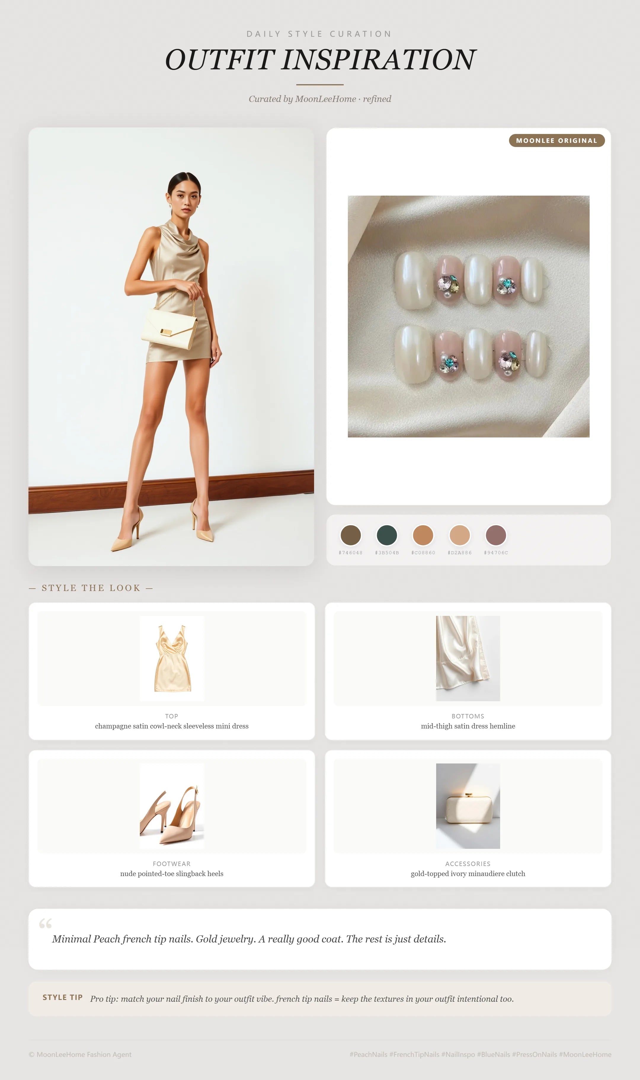 MOONLEE Peach × Dusty Blue Quiet Press-On Nails paired with champagne satin cowl-neck sleeveless mini dress, mid-thigh satin dress hemline, nude pointed-toe slingback heels, gold-topped ivory minaudiere clutch fashion inspiration card