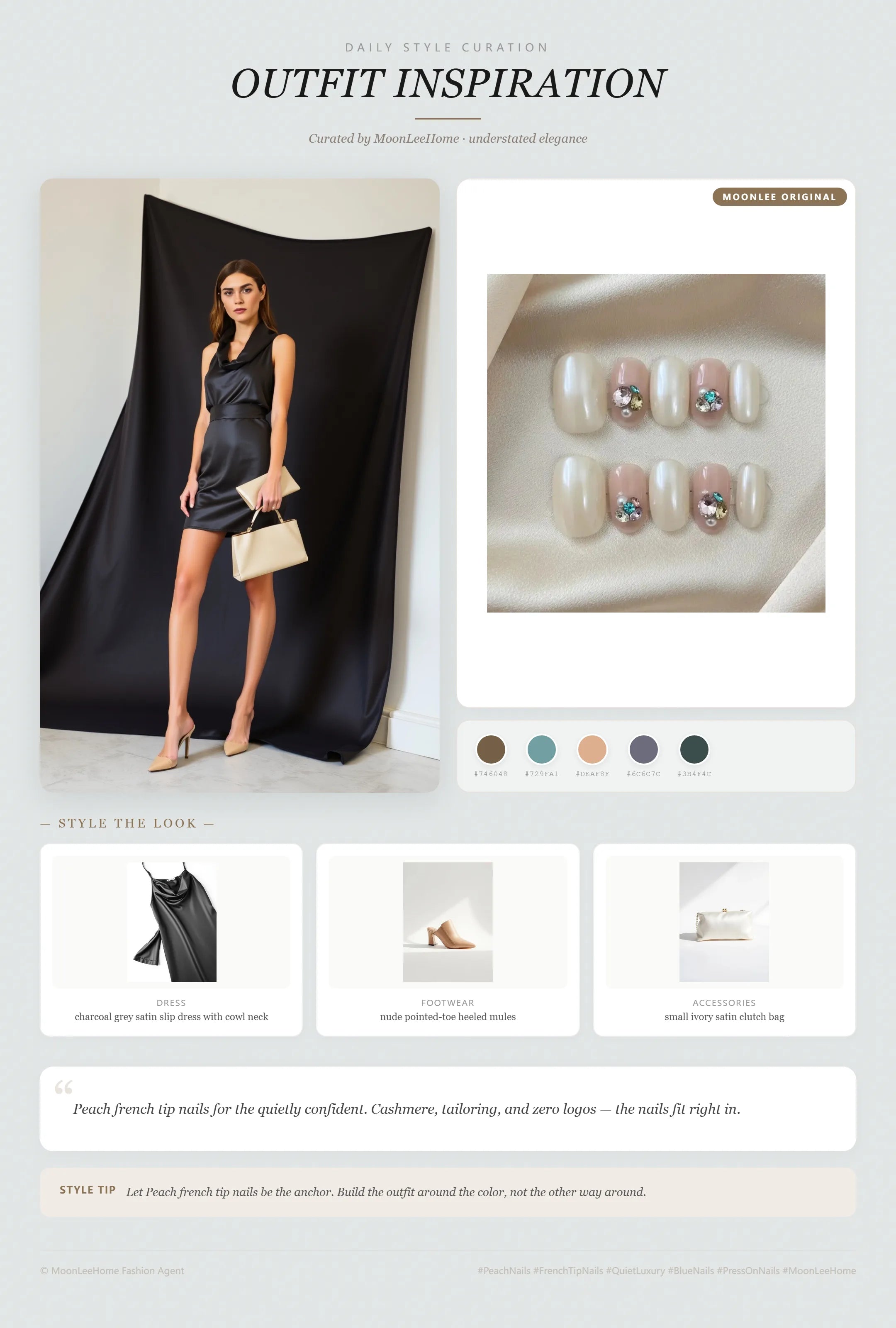 MOONLEE Peach × Dusty Blue Quiet Luxury Press-On Nails paired with charcoal grey satin slip dress with cowl neck, nude pointed-toe heeled mules, small ivory satin clutch bag fashion inspiration card