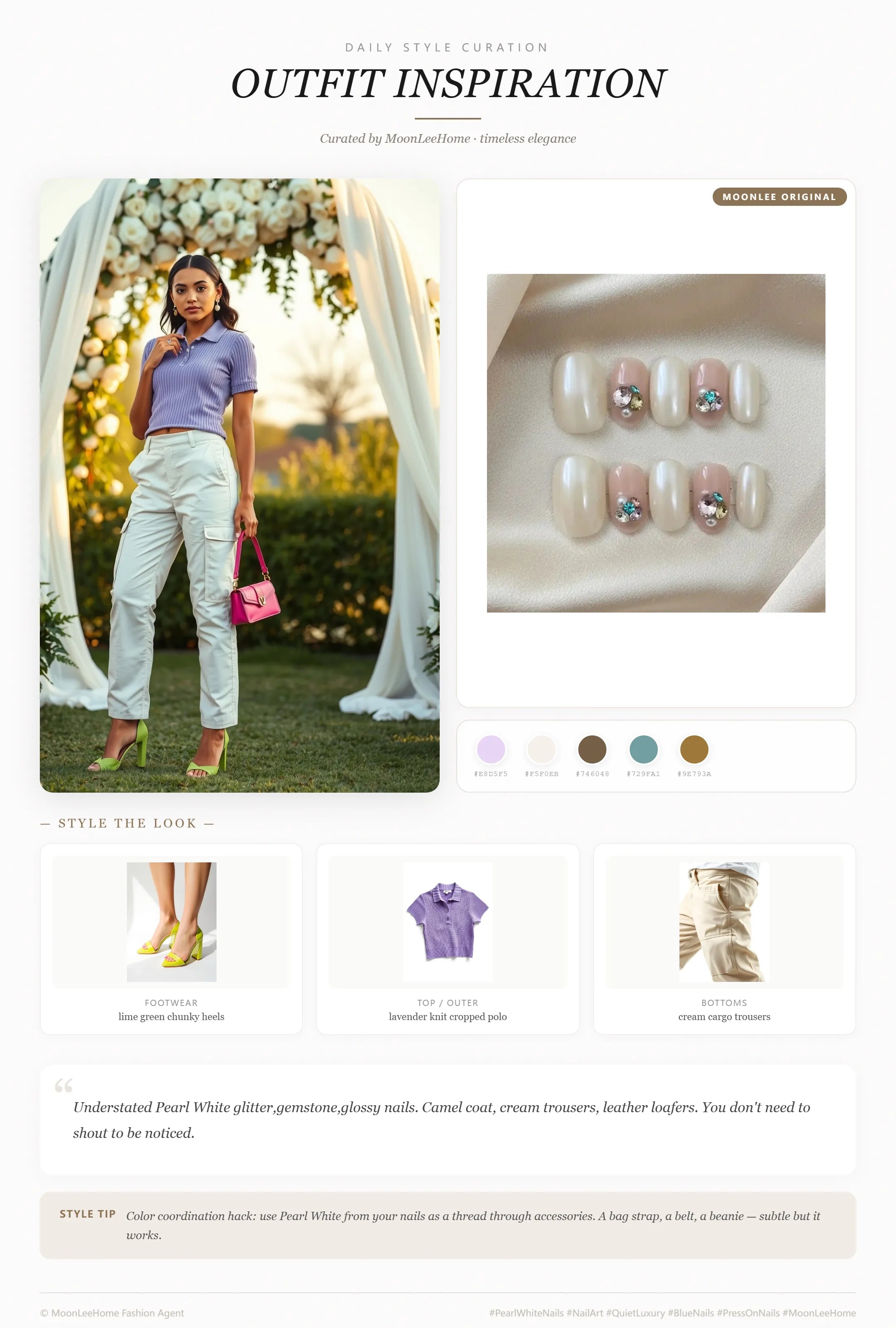 MOONLEE Gemstone Glow Press-On Nails paired with lavender knit cropped polo, cream cargo trousers, lime green chunky heels, hot pink mini shoulder bag — wedding outfit inspiration