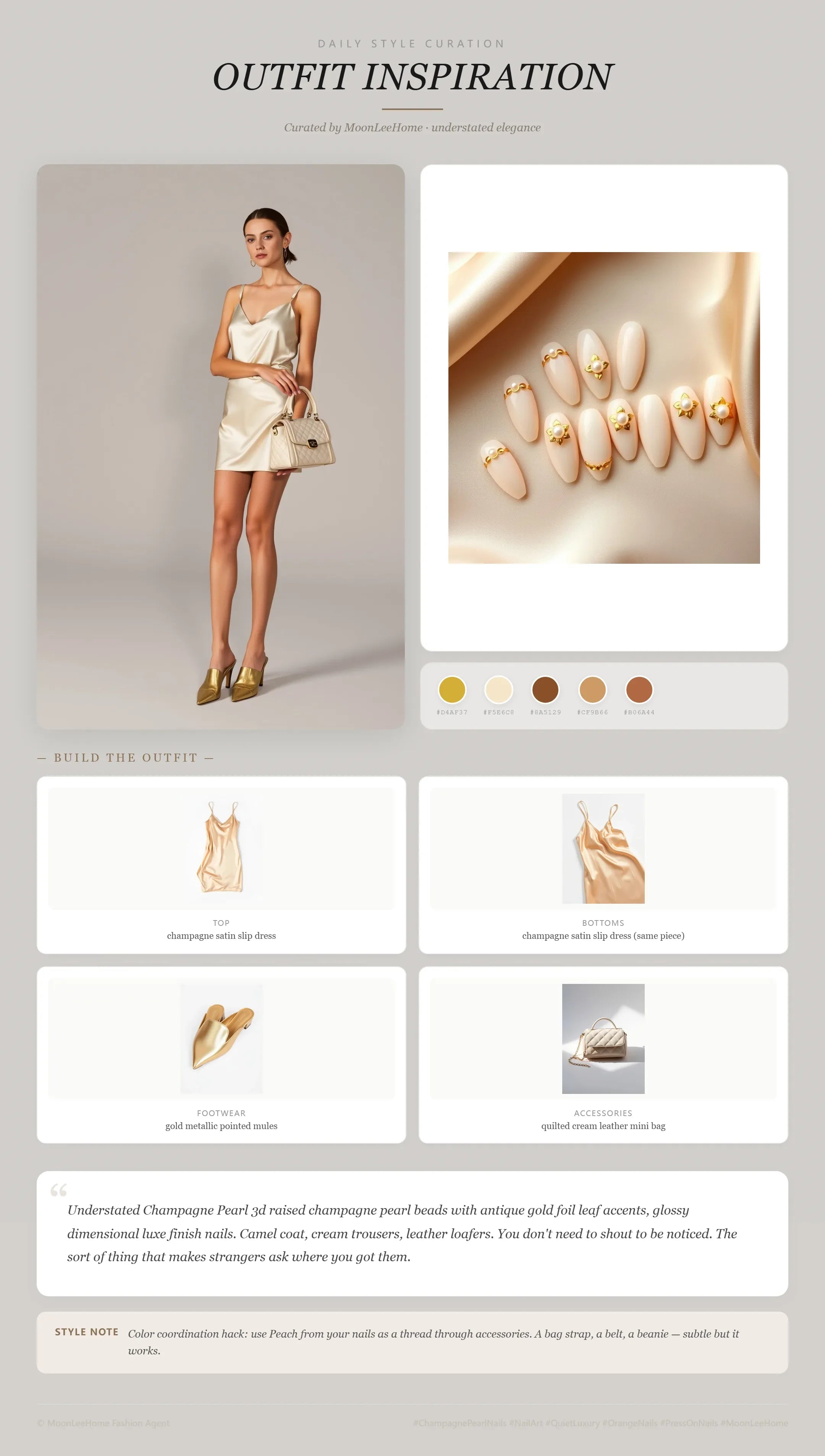 MOONLEE Gilded Pearl 3D Press-On Nails paired with champagne satin slip dress, gold metallic pointed mules, quilted cream leather mini bag — date night outfit inspiration