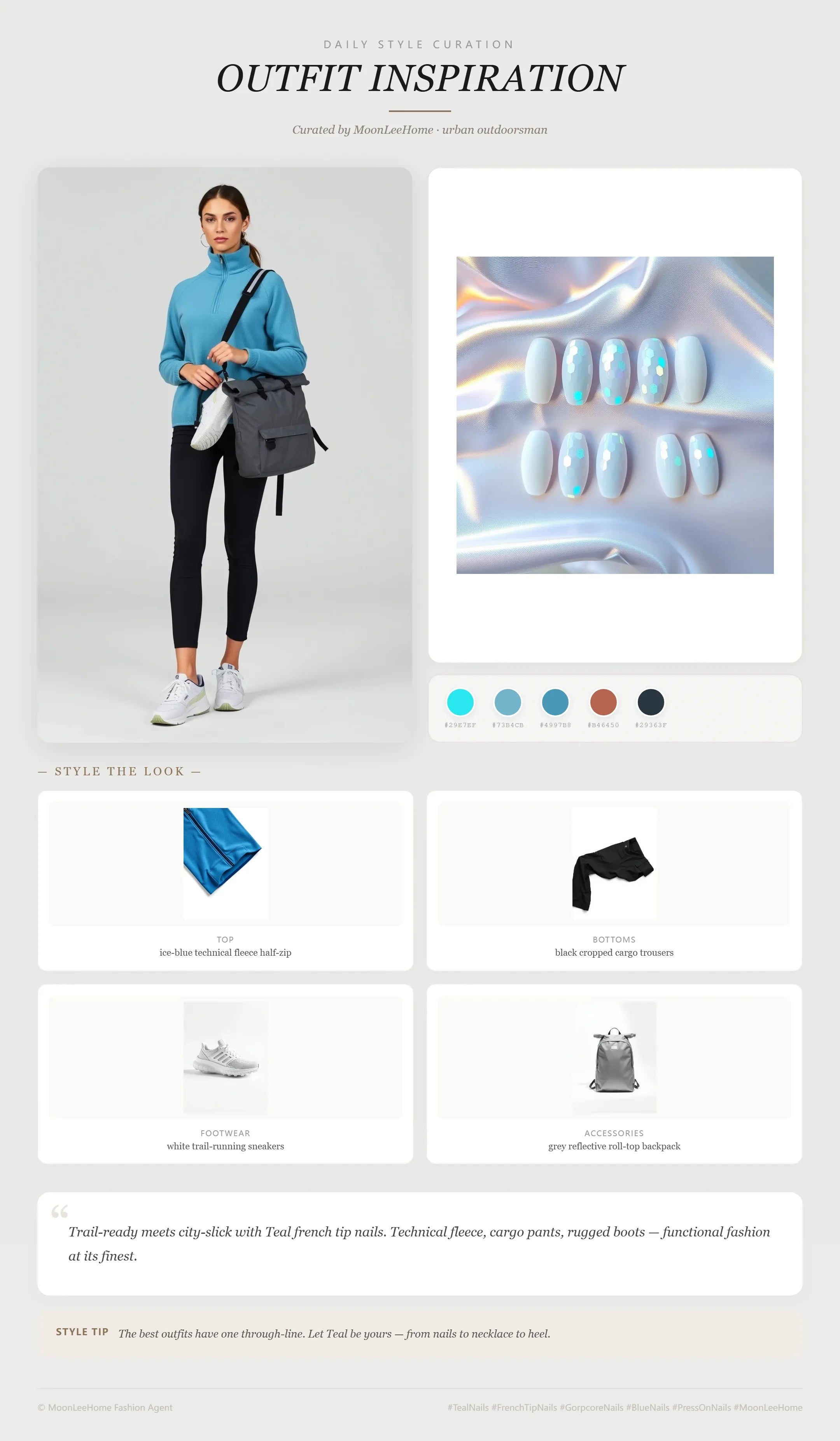 MOONLEE Teal × Teal Gorpcore Press-On Nails paired with ice-blue technical fleece half-zip, black cropped cargo trousers, white trail-running sneakers, grey reflective roll-top backpack fashion inspiration card