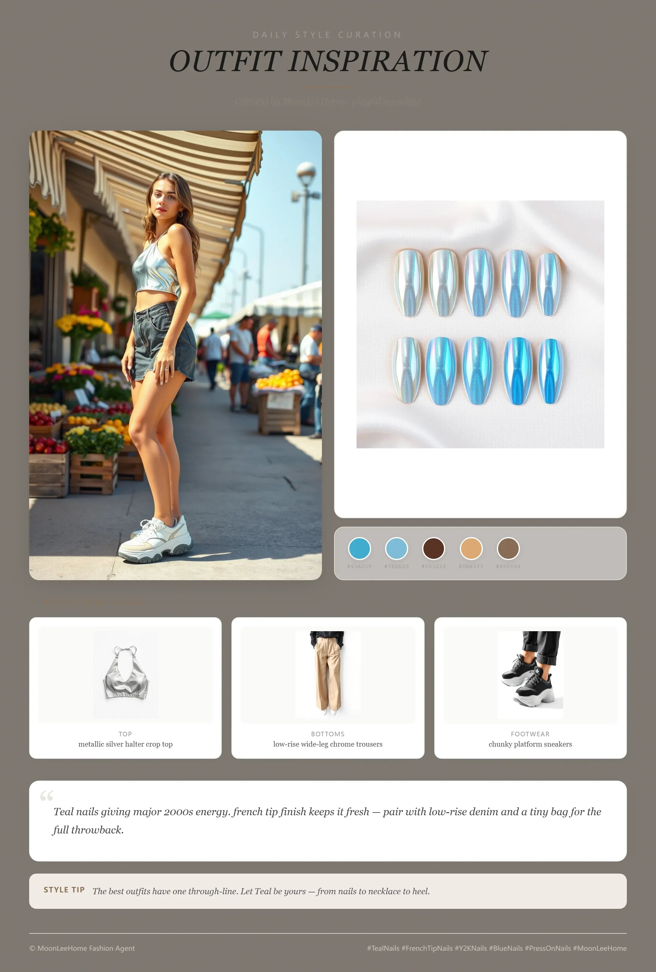 MOONLEE Teal × Teal Y2K Press-On Nails paired with metallic silver halter crop top, low-rise wide-leg chrome trousers, chunky platform sneakers fashion inspiration card