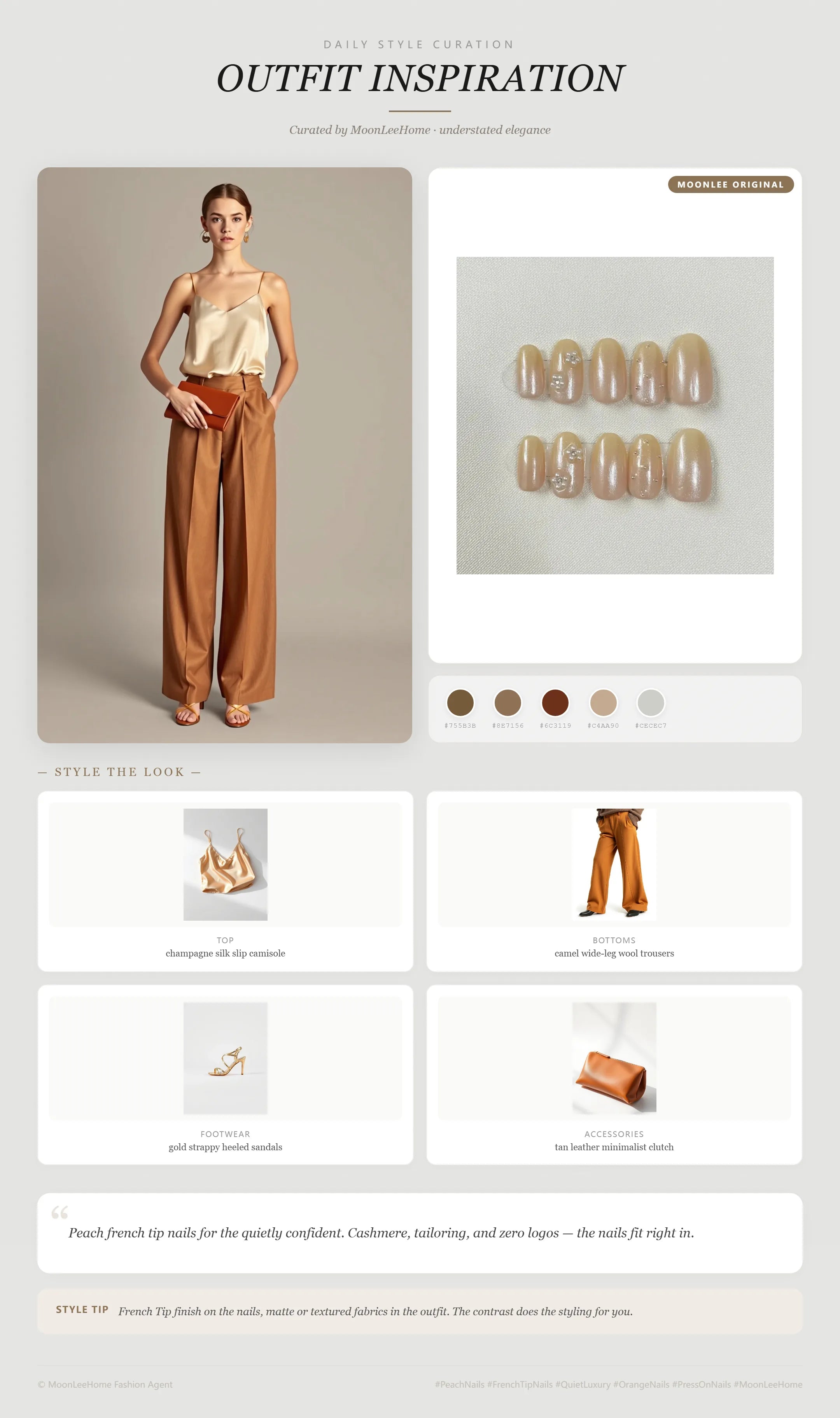 MOONLEE Golden Hour Handmade Press-On Nails paired with champagne silk slip camisole, camel wide-leg wool trousers, gold strappy heeled sandals, and tan leather minimalist clutch — evening outfit inspiration