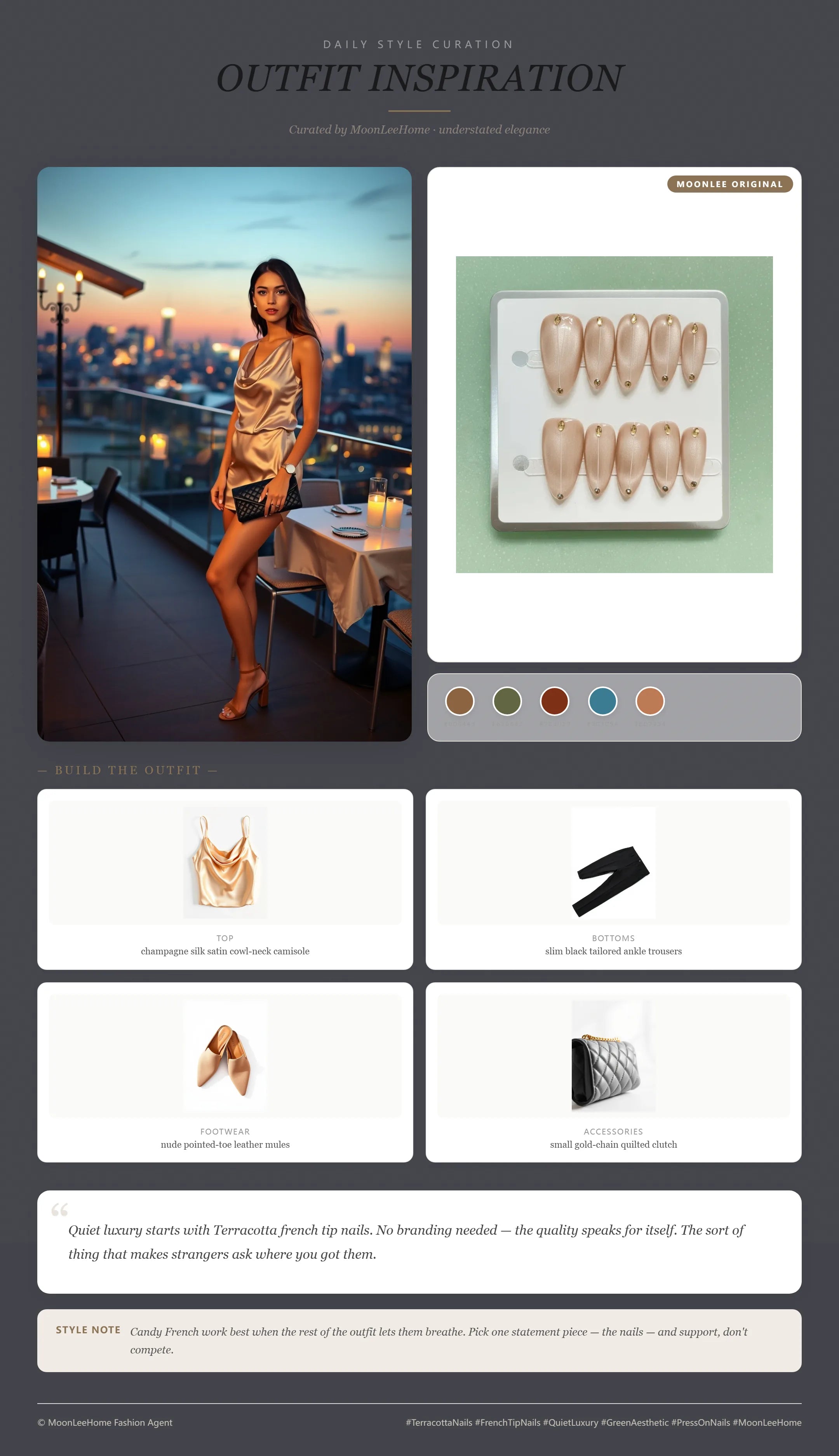 MOONLEE Golden Praline Press-On Nails paired with champagne silk satin cowl-neck camisole, slim black tailored ankle trousers, nude pointed-toe leather mules, small gold-chain quilted clutch — date-night outfit inspiration