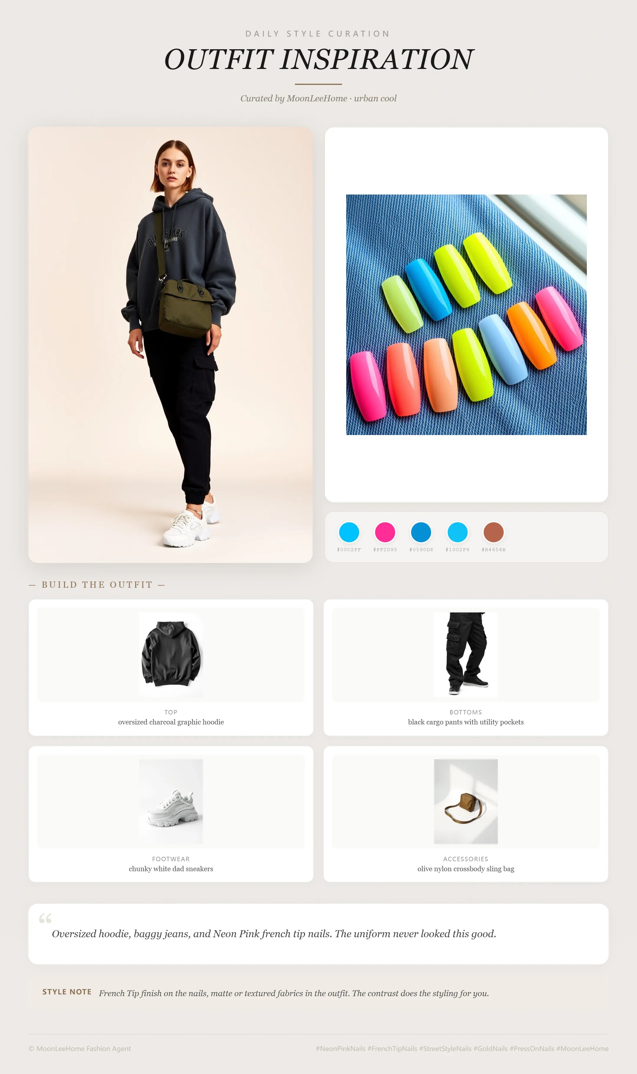 MOONLEE Neon Pink × Electric Blue Streetwear Press-On Nails paired with oversized charcoal graphic hoodie, black cargo pants with utility pockets, chunky white dad sneakers, olive nylon crossbody sling bag fashion inspiration card