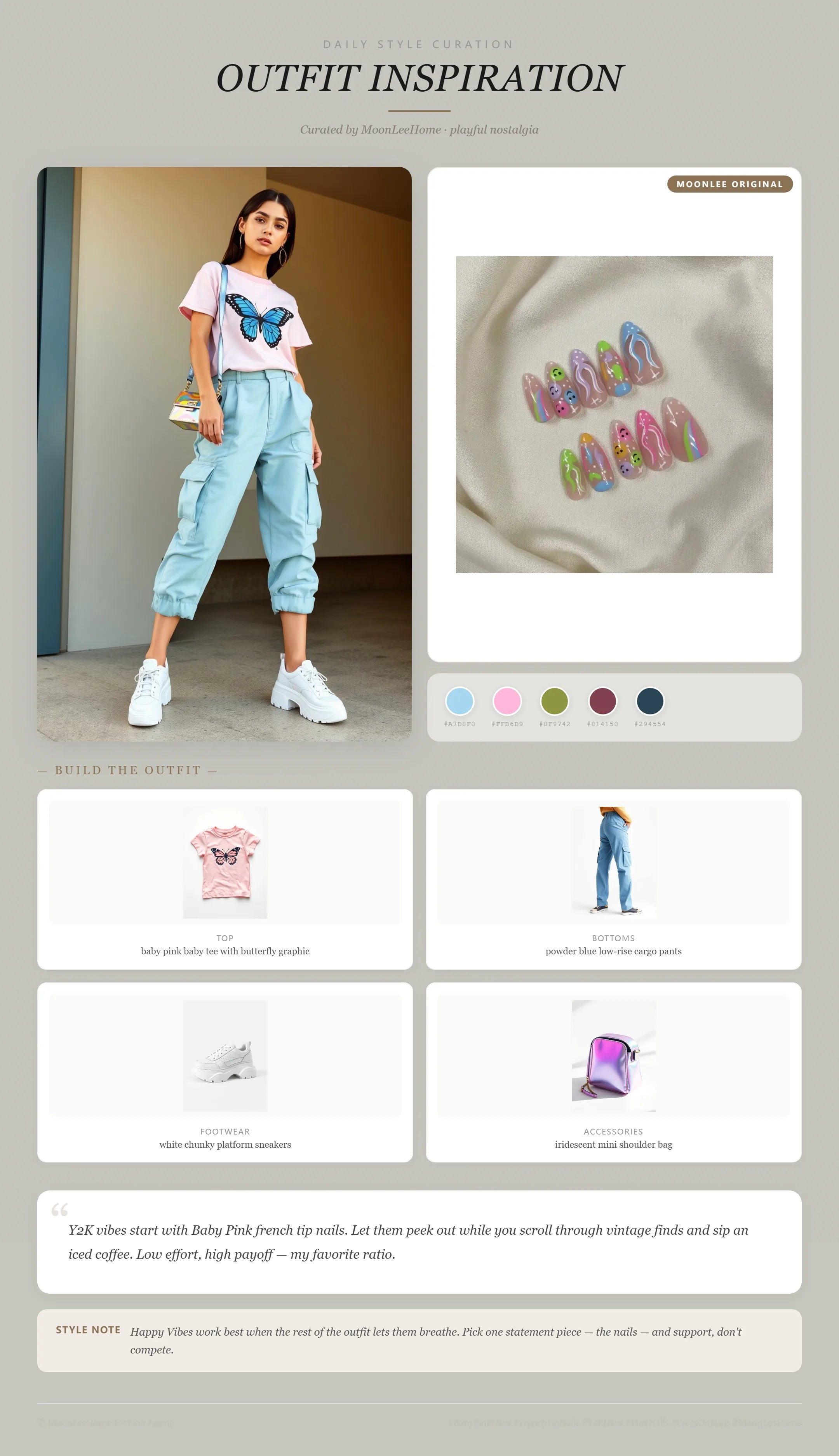 MOONLEE Baby Pink × Powder Blue Y2K Press-On Nails paired with baby pink baby tee with butterfly graphic, powder blue low-rise cargo pants, white chunky platform sneakers, iridescent mini shoulder bag fashion inspiration card