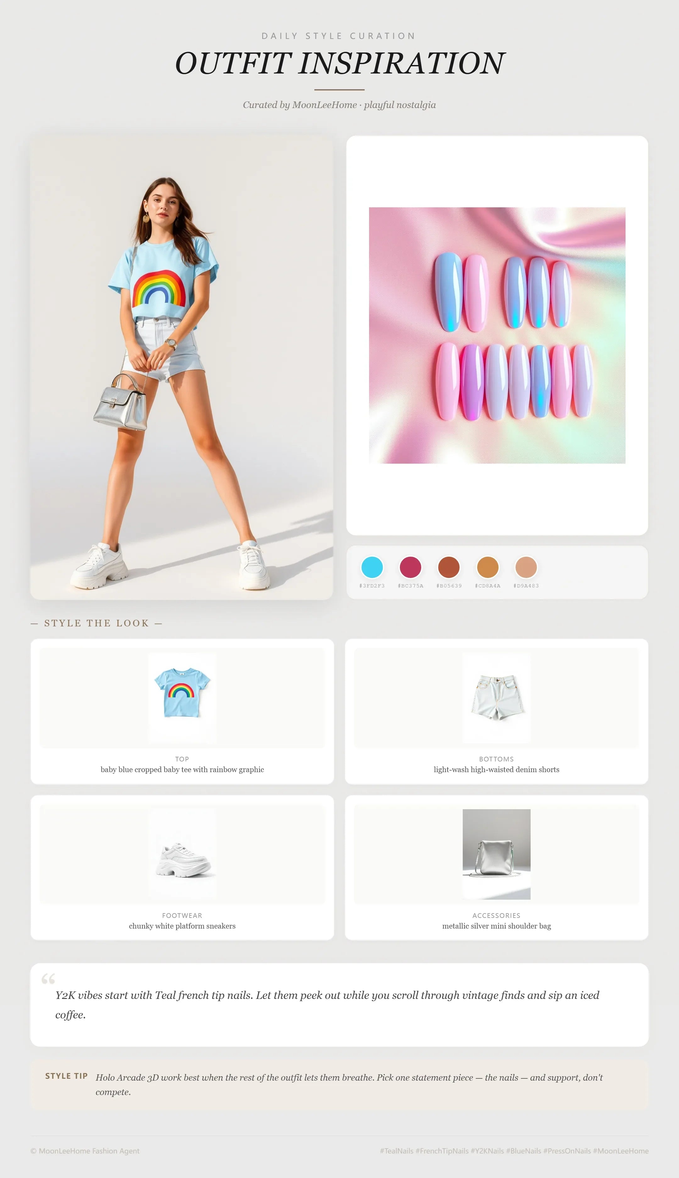 MOONLEE Teal × Dusty Rose Y2K Press-On Nails paired with baby blue cropped baby tee with rainbow graphic, light-wash high-waisted denim shorts, chunky white platform sneakers, metallic silver mini shoulder bag fashion inspiration card