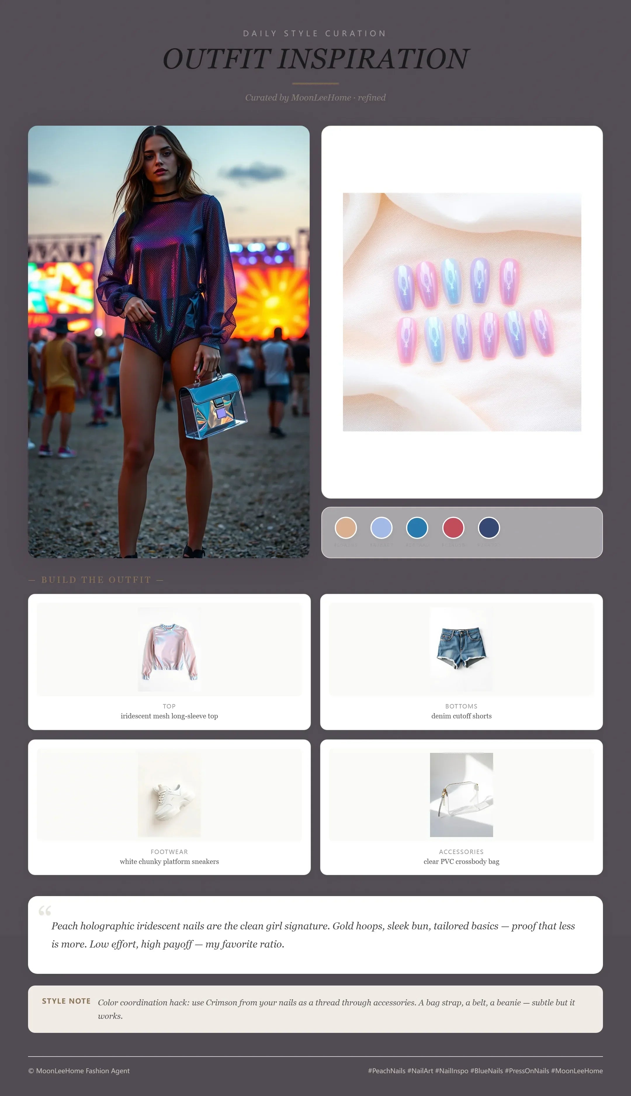 MOONLEE Holographic Dew Press-On Nails paired with iridescent mesh long-sleeve top, denim cutoff shorts, white chunky platform sneakers, clear PVC crossbody bag — festival outfit inspiration