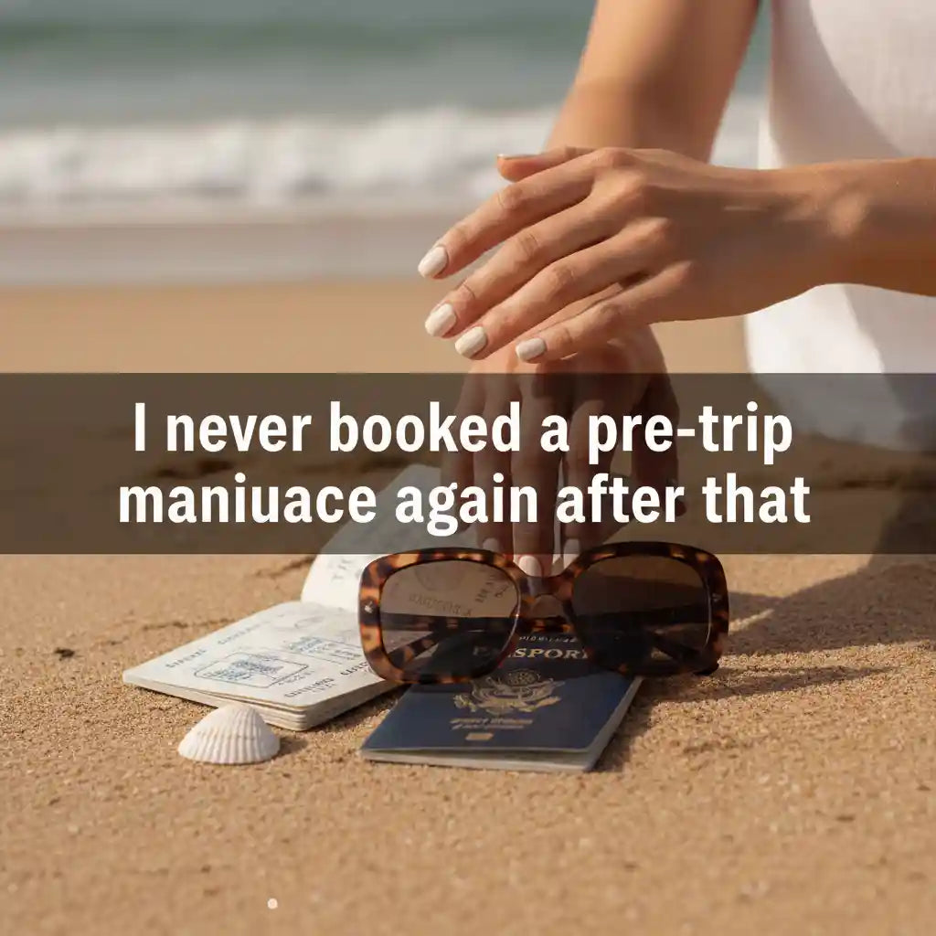 Hands with short press-on nails on a travel scene — "I never booked a pre-trip manicure again after that." by MOONLEE