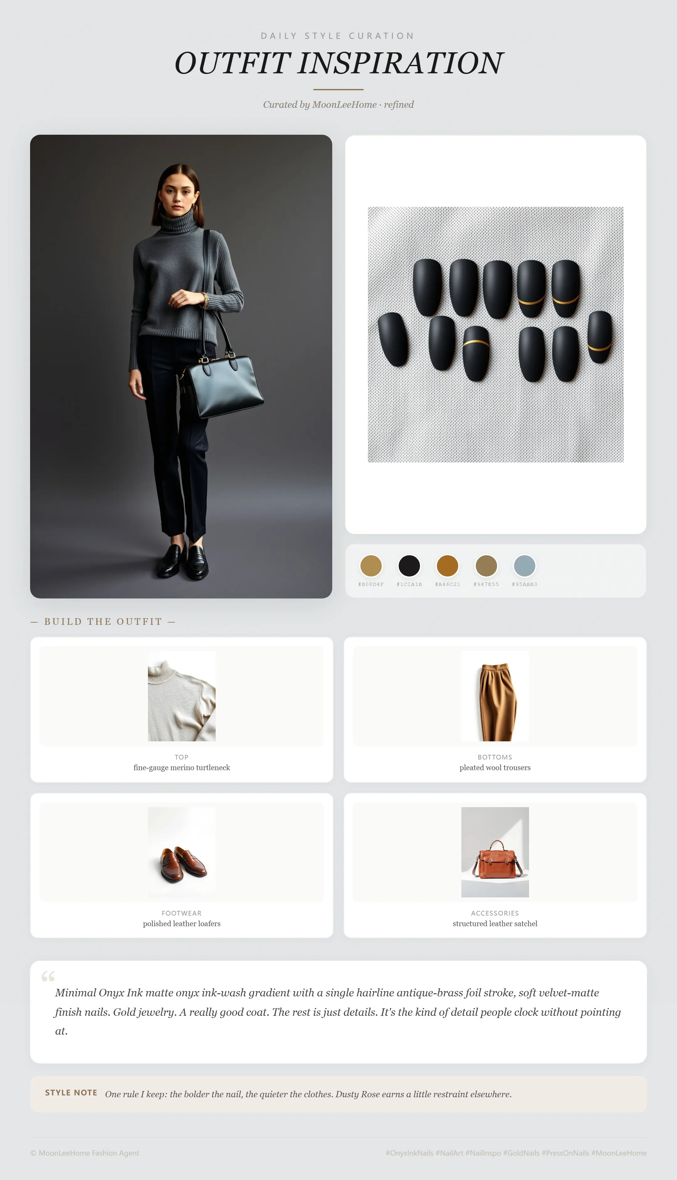 MOONLEE Onyx Ink × Antique Brass Dark Academia Press-On Nails paired with fine-gauge merino turtleneck, pleated wool trousers, polished leather loafers, structured leather satchel fashion inspiration card