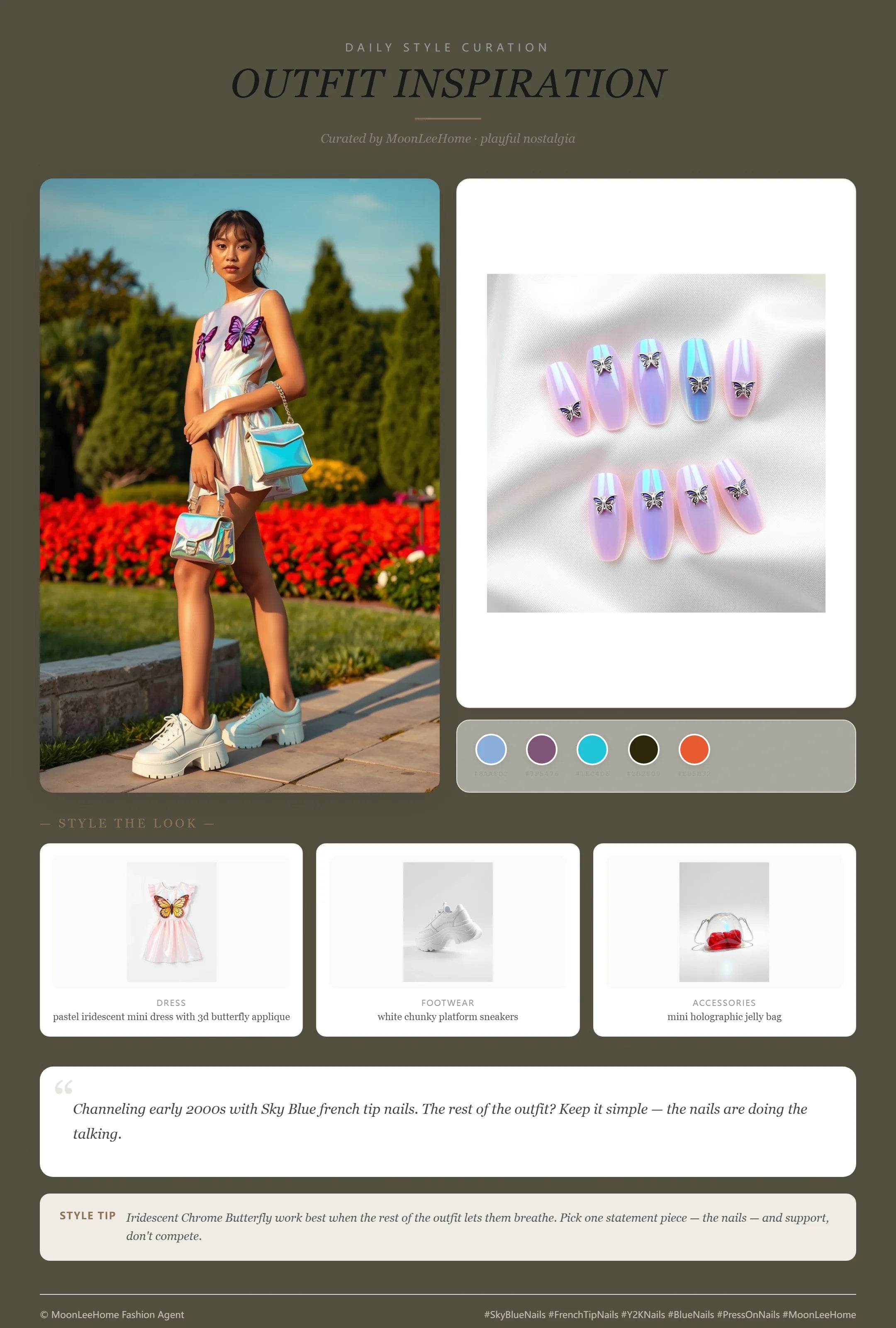 MOONLEE Iridescent Chrome Butterfly Press-On Nails paired with pastel iridescent mini dress with 3D butterfly applique, white chunky platform sneakers, mini holographic jelly bag — garden party outfit inspiration
