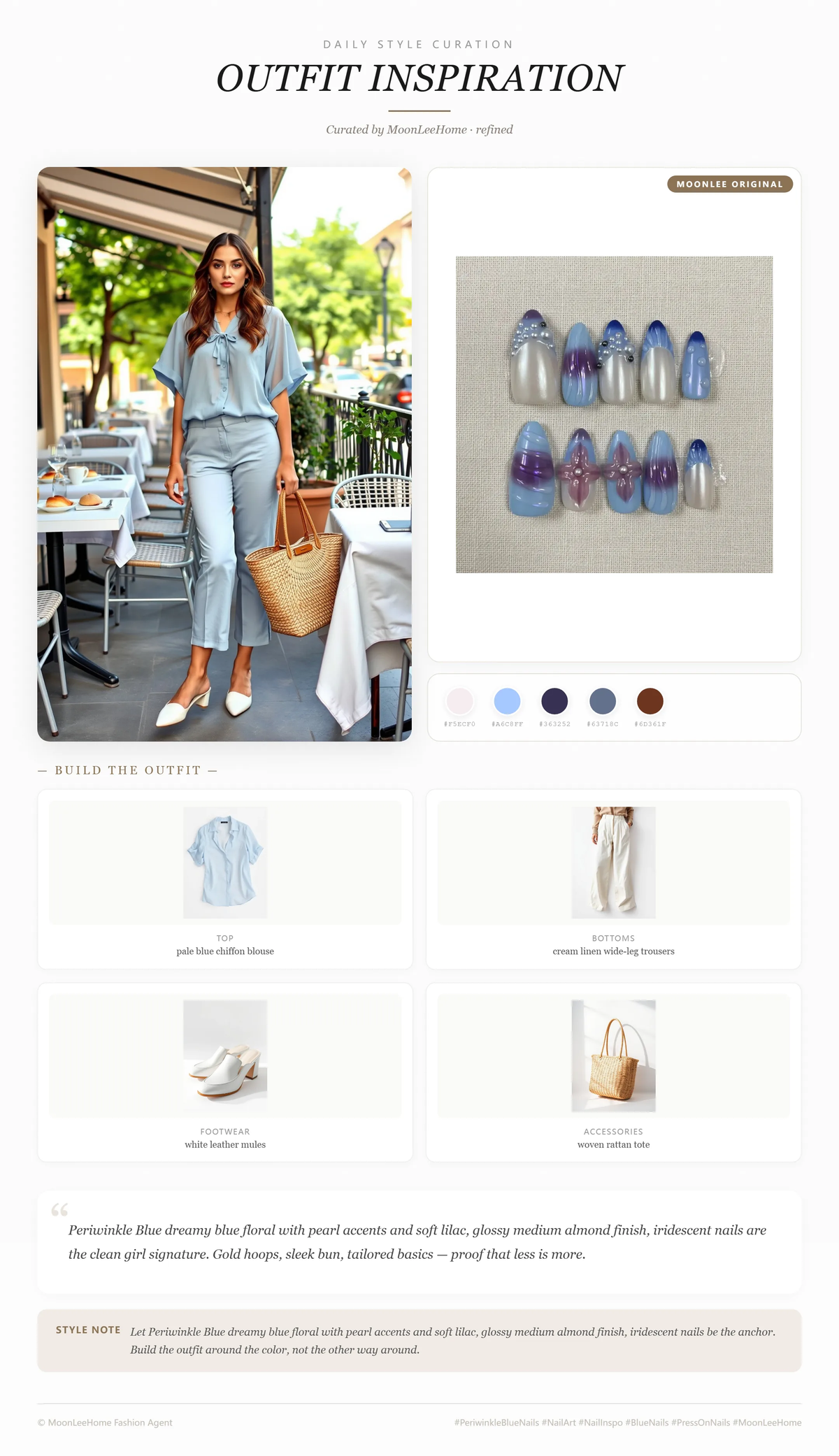 MOONLEE Iris Dream medium almond press-on nails styled with a pale blue chiffon blouse, cream linen trousers, white leather mules, and woven rattan tote for brunch.