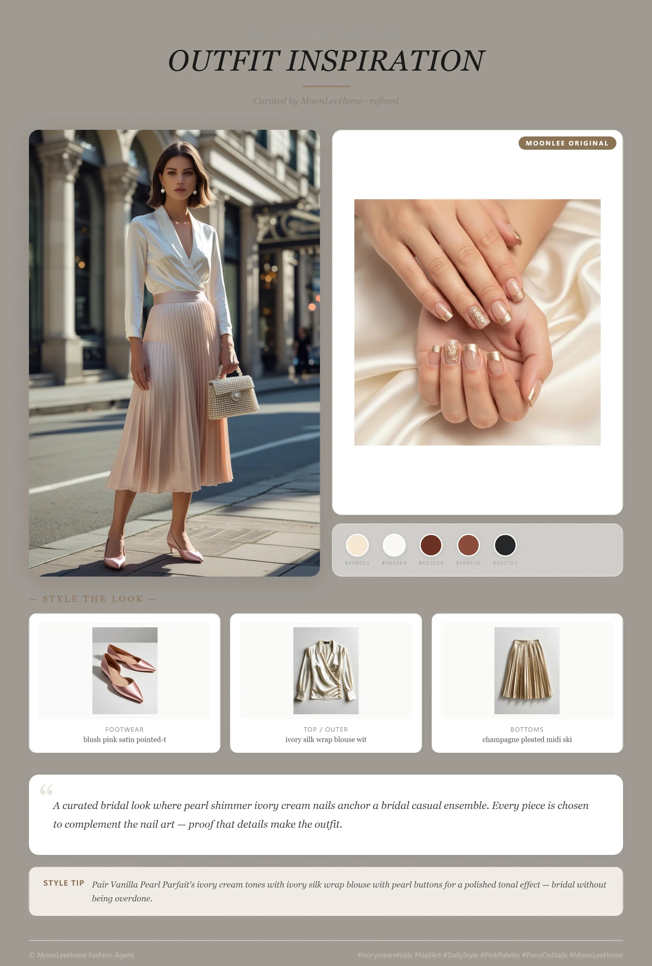 MOONLEE Vanilla Pearl Parfait pearl shimmer press-on nails paired with ivory silk wrap blouse, champagne pleated midi skirt, blush pink satin flats and pearl top handle bag — bridal garden party outfit inspiration