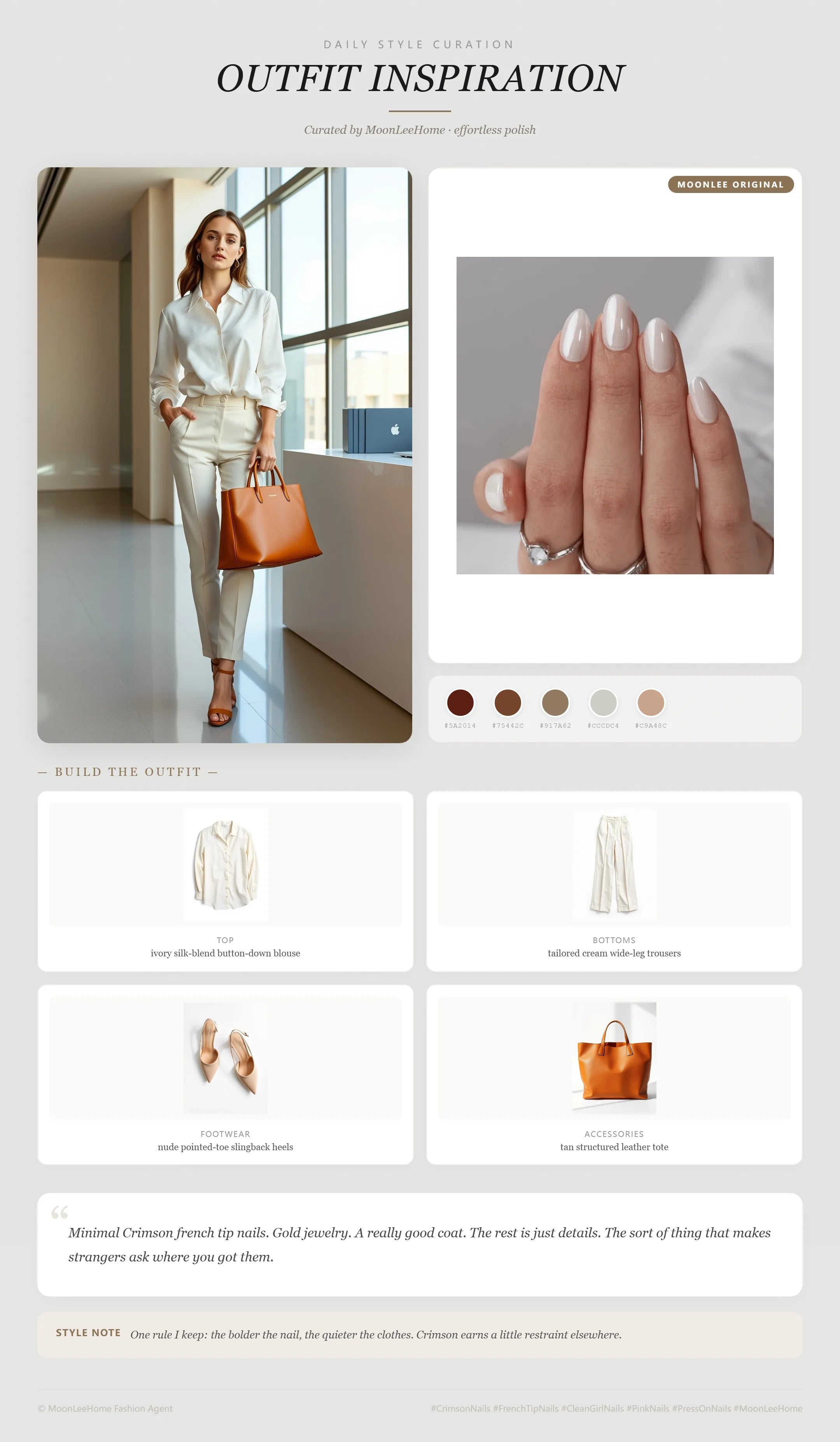 MOONLEE Ivory Pudding Press-On Nails paired with ivory silk-blend button-down blouse, tailored cream wide-leg trousers, nude pointed-toe slingback heels, tan structured leather tote — office outfit inspiration
