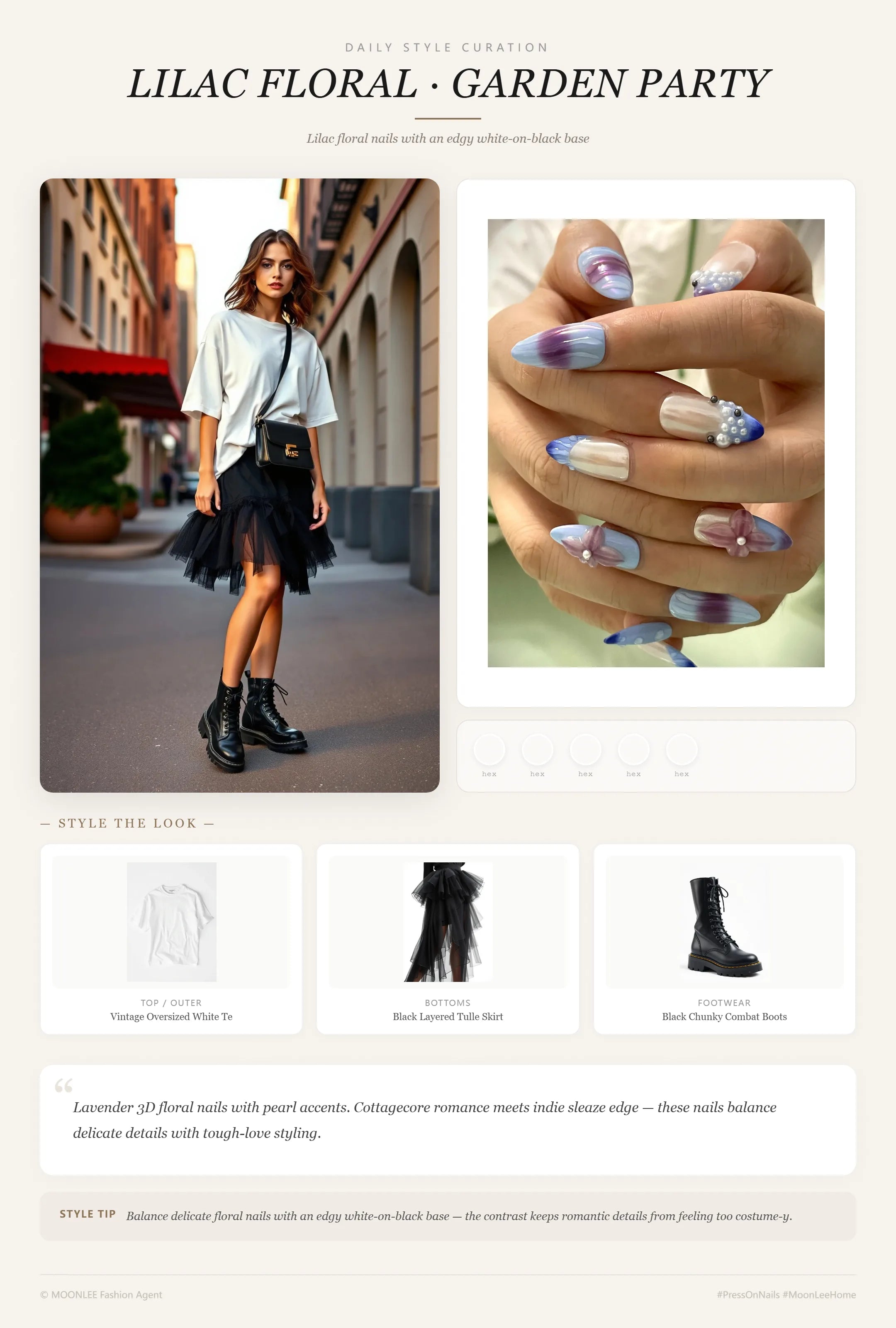 MOONLEE Lilac Floral Press-On Nails outfit inspiration card — lavender 3D floral nails paired with vintage white tee, black tulle skirt, combat boots, crossbody bag — garden party cottagecore look | MOONLEE