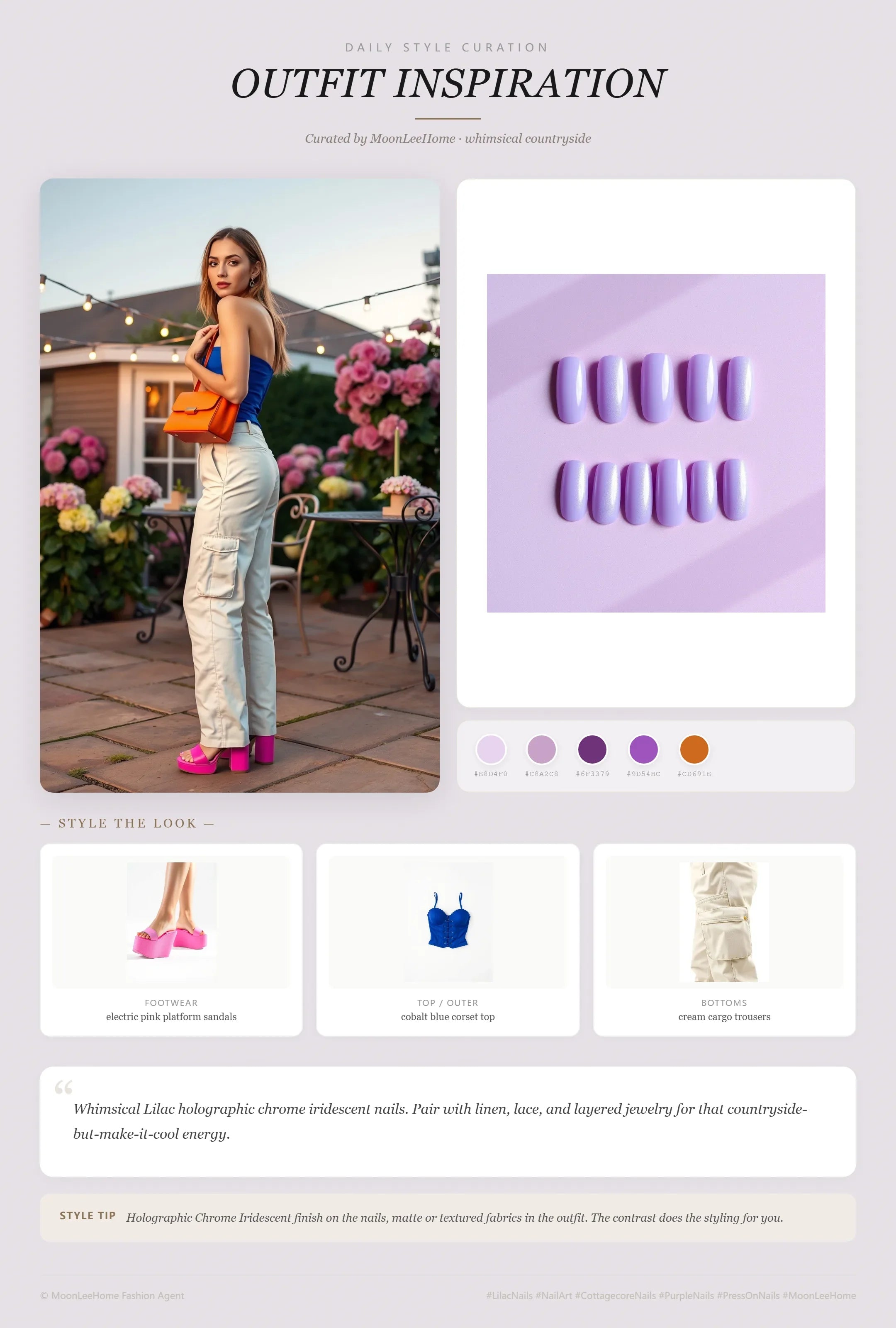 MOONLEE Lilac × Iridescent Lilac Cottagecore Press-On Nails paired with cobalt blue corset top, cream cargo trousers, electric pink platform sandals, tangerine mini shoulder bag fashion inspiration card