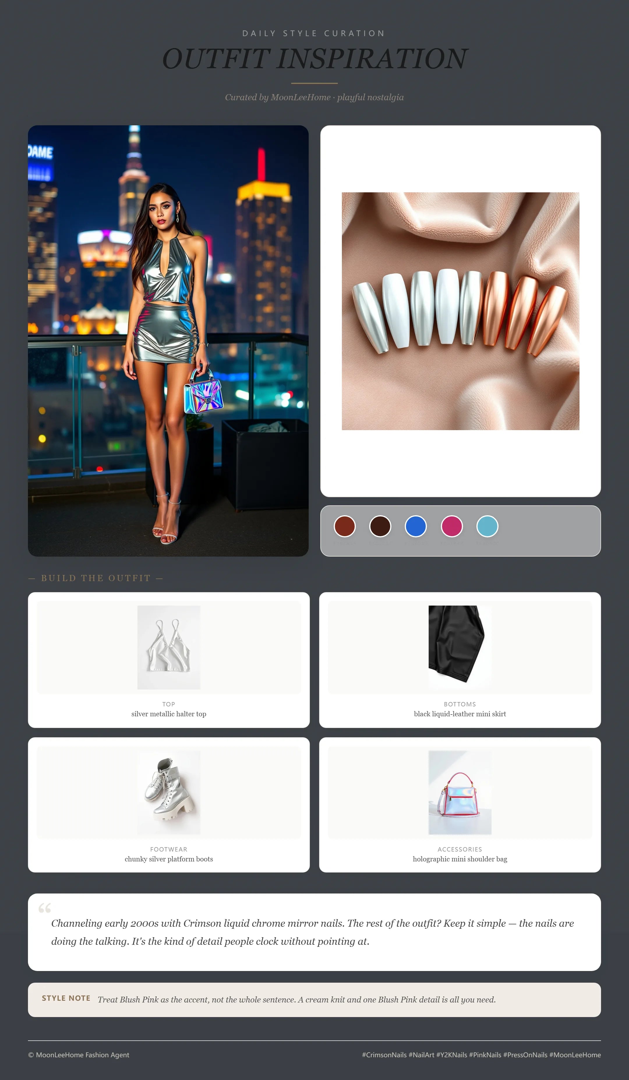 MOONLEE Liquid Chrome Press-On Nails paired with silver metallic halter top, black liquid-leather mini skirt, chunky silver platform boots, holographic mini shoulder bag fashion inspiration card
