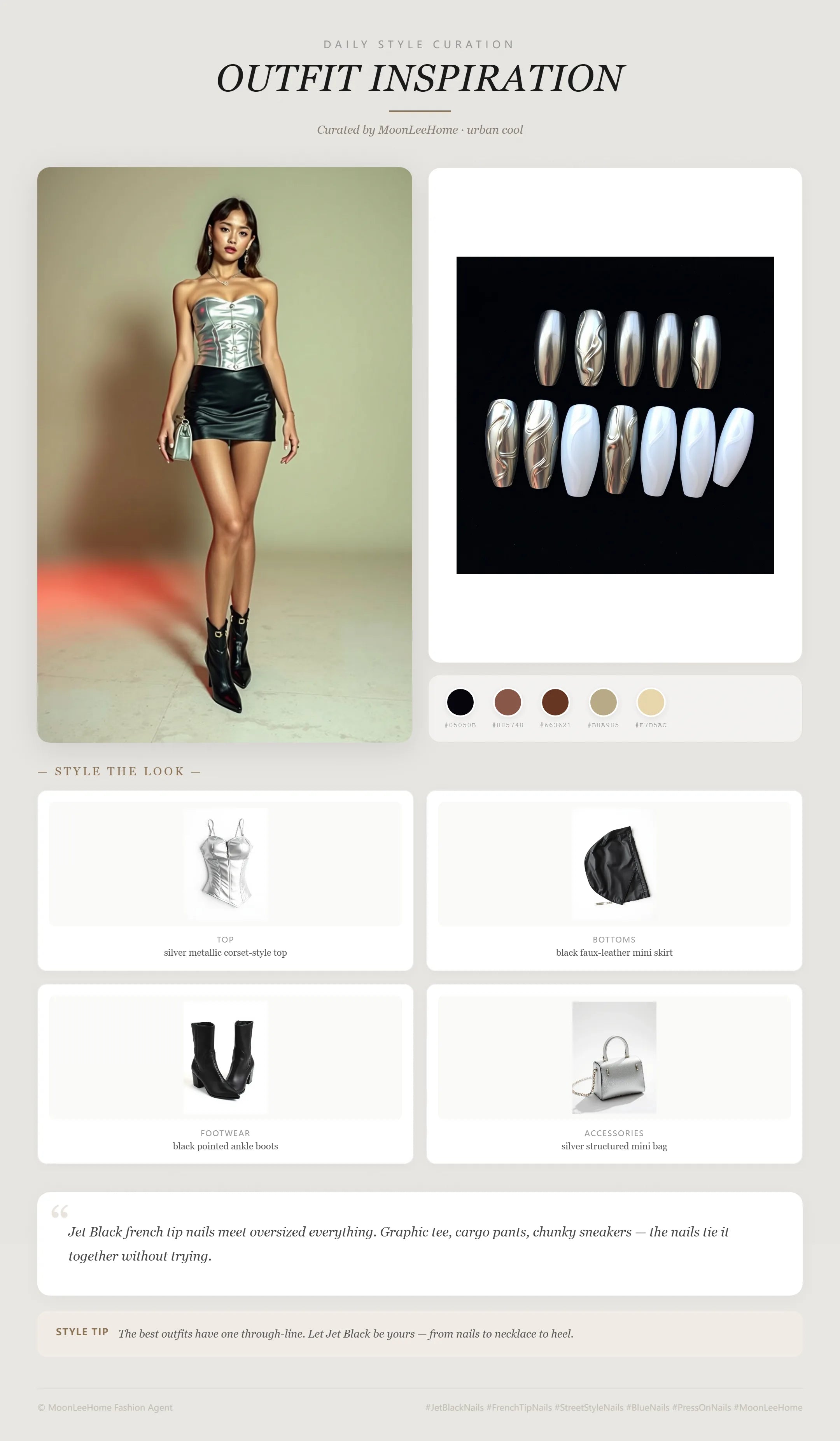 MOONLEE Liquid Chrome Ripple 3D Press-On Nails paired with silver metallic corset-style top, black faux-leather mini skirt, black pointed ankle boots, silver structured mini bag — party outfit inspiration