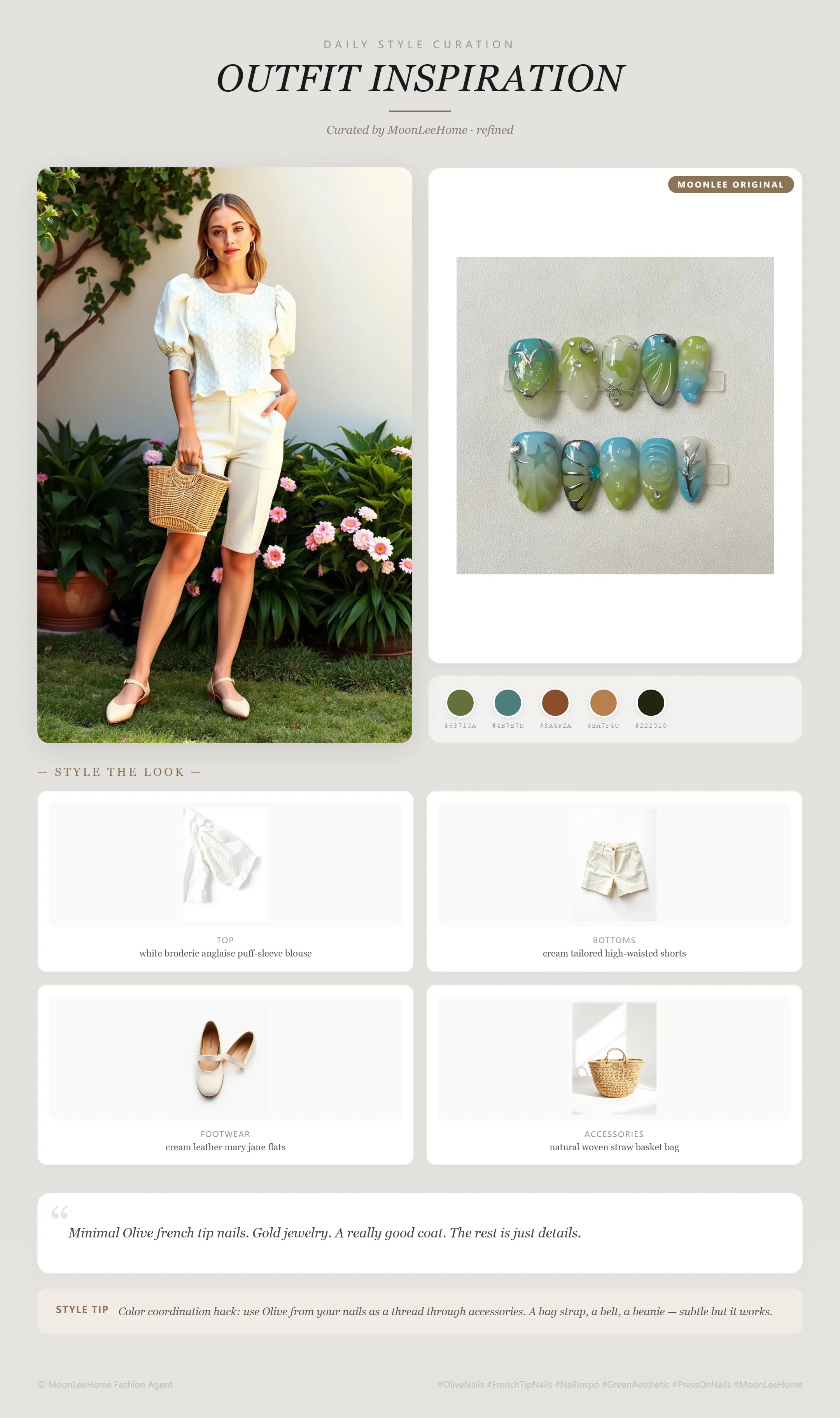 MOONLEE Enchanted Garden Press-On Nails paired with white broderie blouse and cream shorts — garden-party outfit inspiration