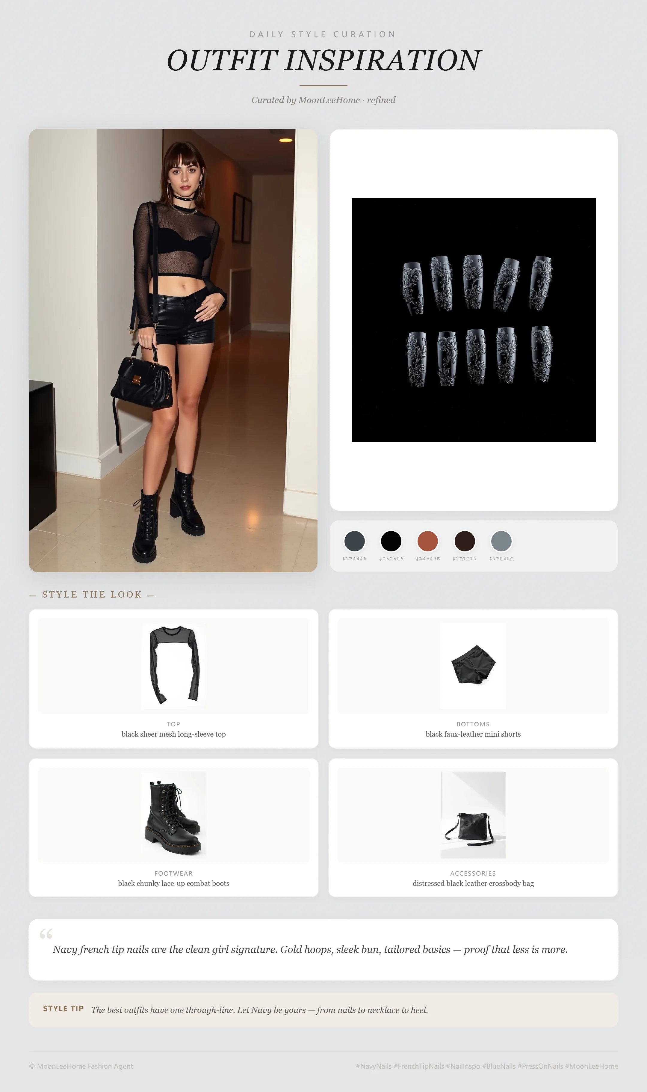 MOONLEE Onyx Bloom 3D Press-On Nails paired with black mesh top and black faux-leather shorts — party outfit inspiration
