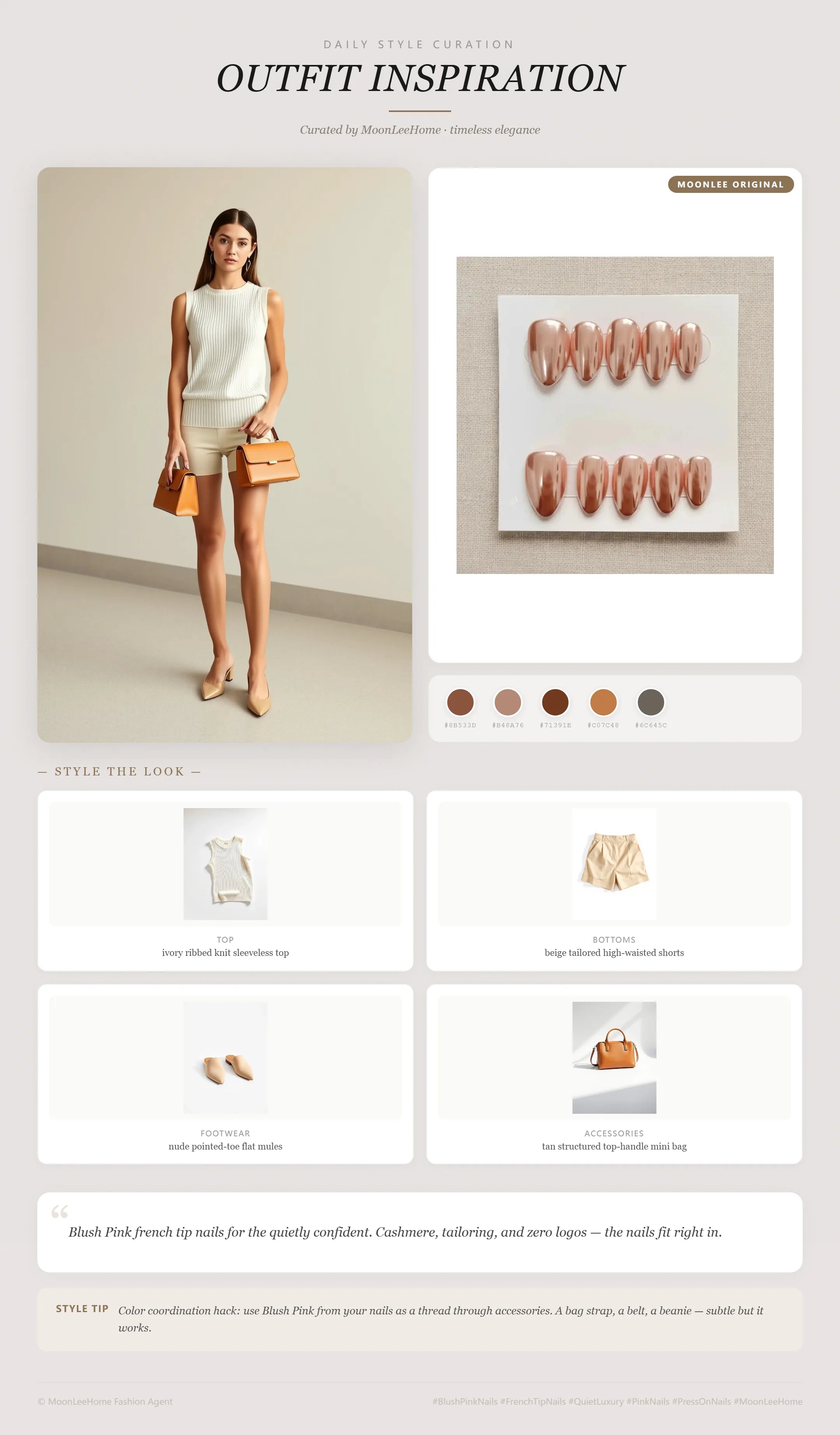 Lychee Cotta press-on nails styled with ivory ribbed knit top, beige tailored shorts, and nude pointed-toe mules for a clean office look — MOONLEE