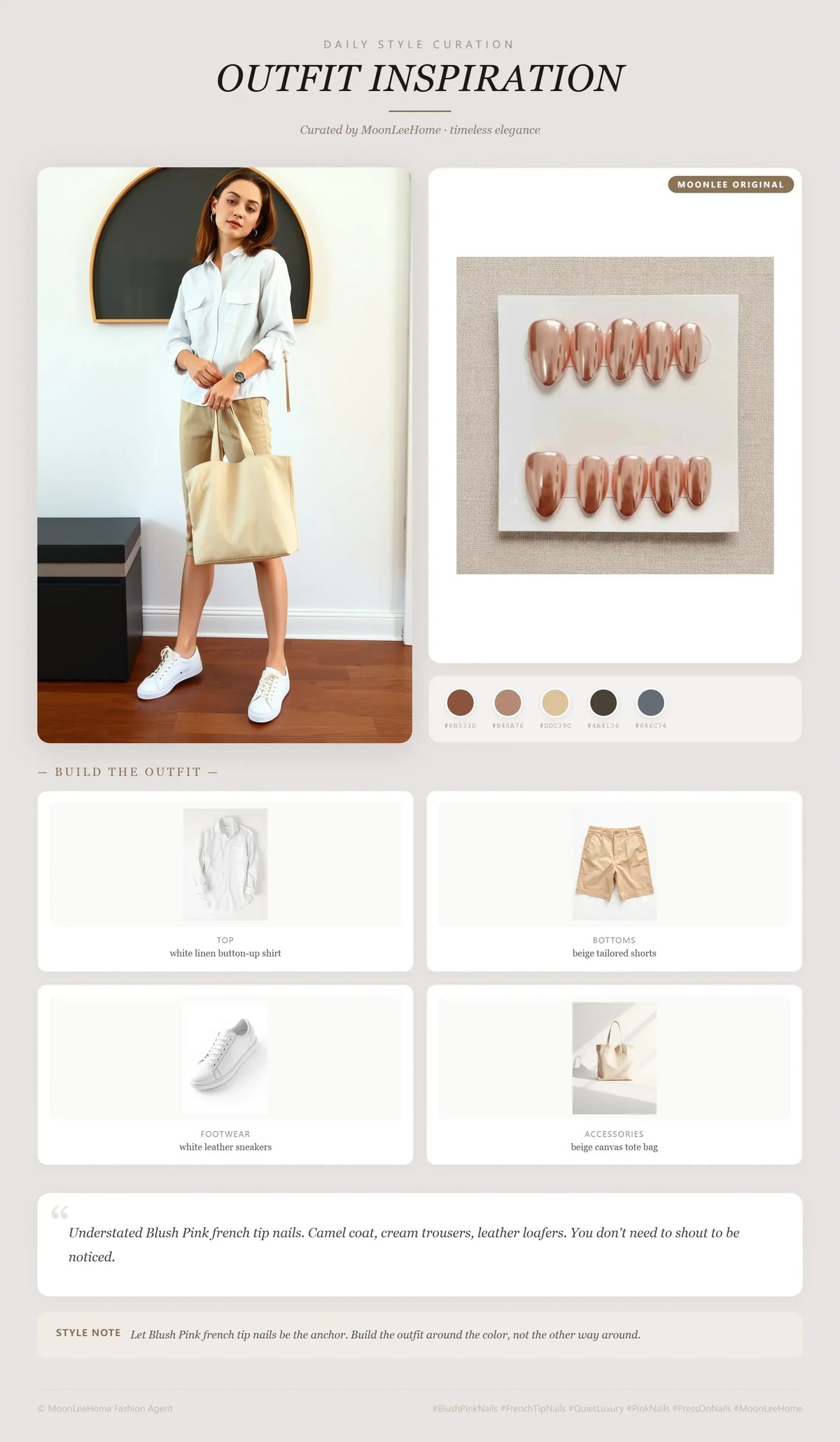 MOONLEE Lychee Cotta | Hailey Chrome short almond press-on nails styled with a white linen button-up shirt, beige tailored shorts, white leather sneakers, and beige canvas tote for an office outfit.