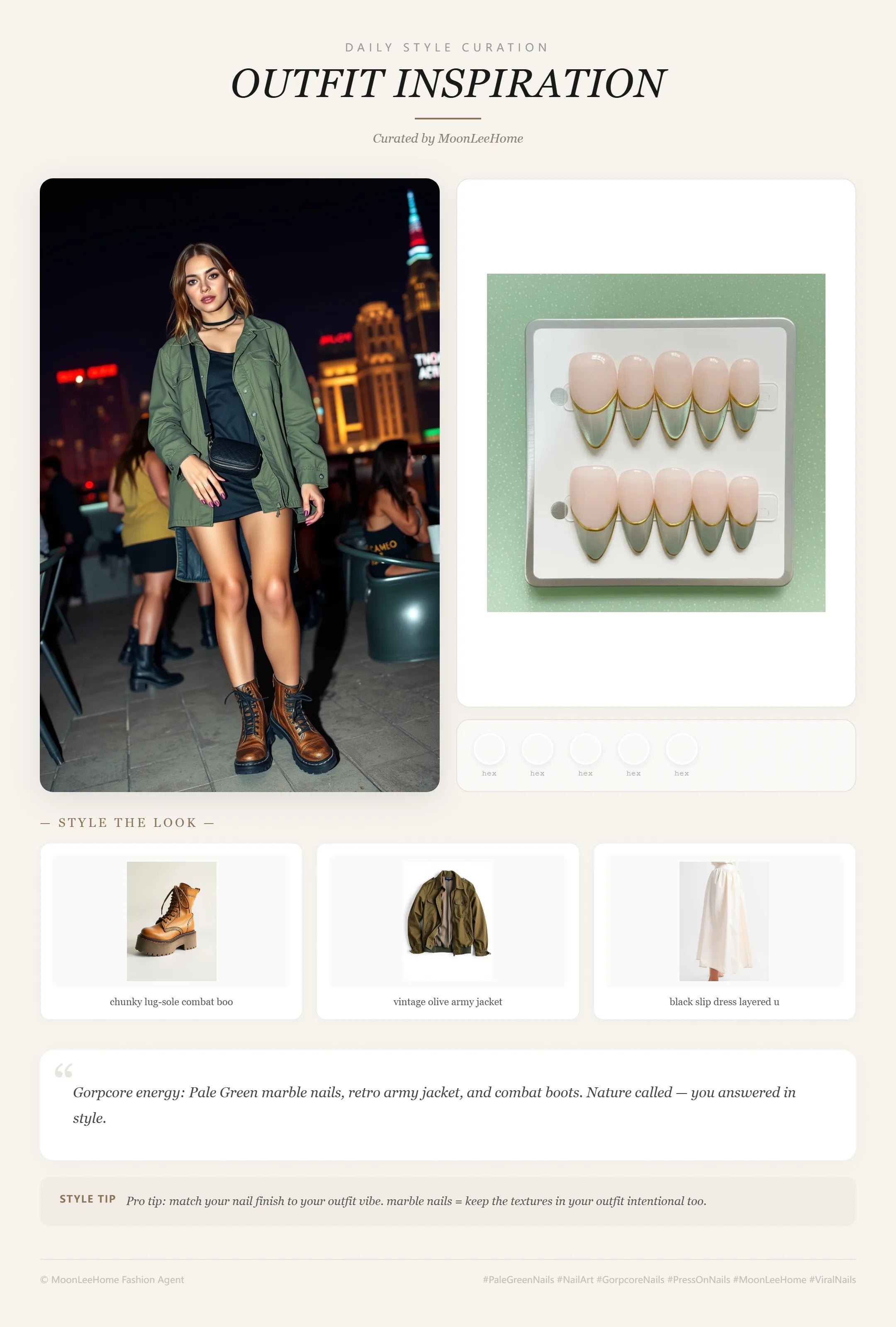 Matcha Mousse Pale Green × Sea Green Gorpcore Press-On Nails paired with vintage olive army jacket, black slip dress, chunky combat boots, worn canvas crossbody party outfit inspiration