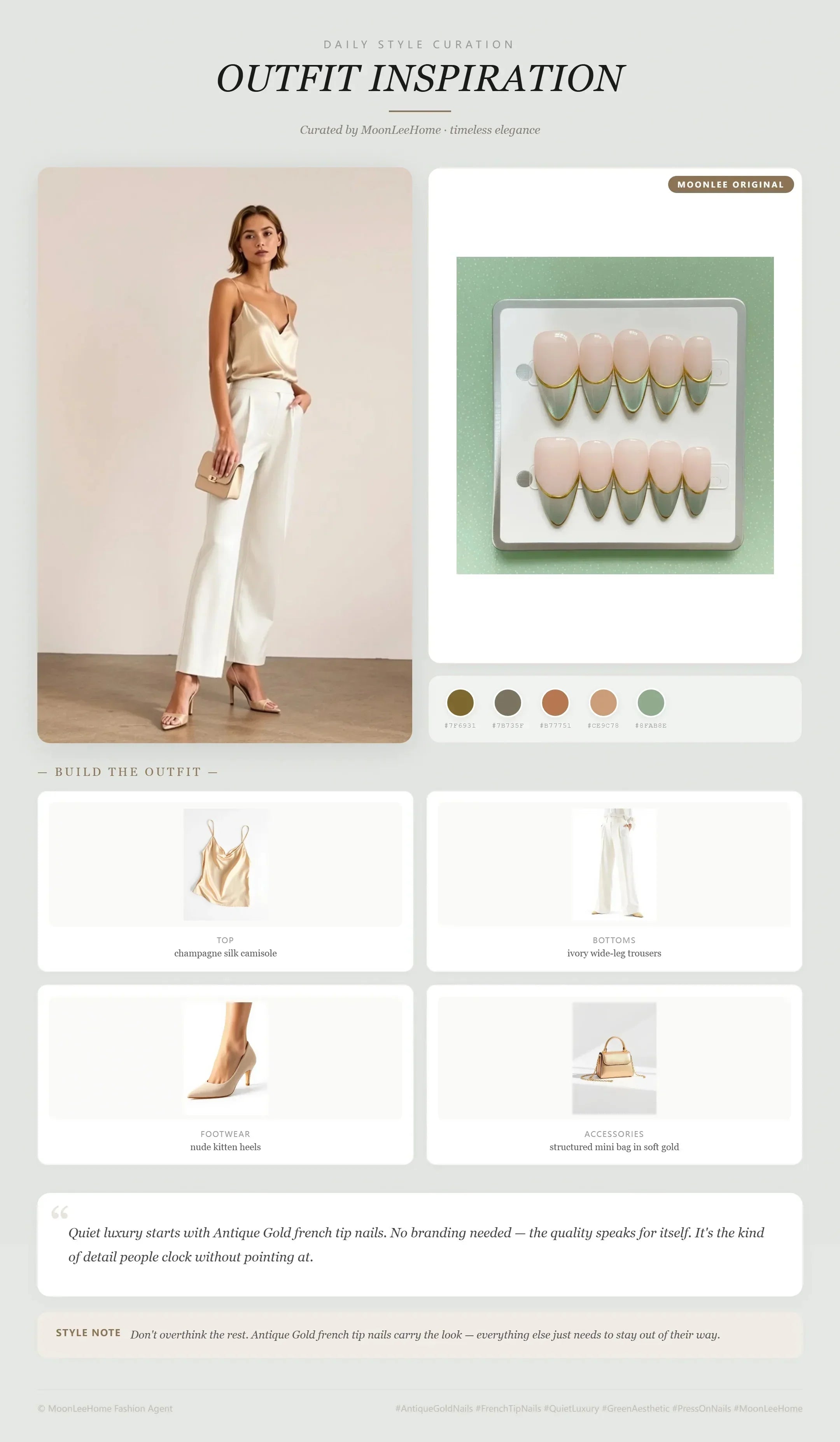 MOONLEE Matcha Mousse Press-On Nails paired with champagne silk camisole, ivory wide-leg trousers, nude kitten heels, structured mini bag in soft gold — brunch outfit inspiration