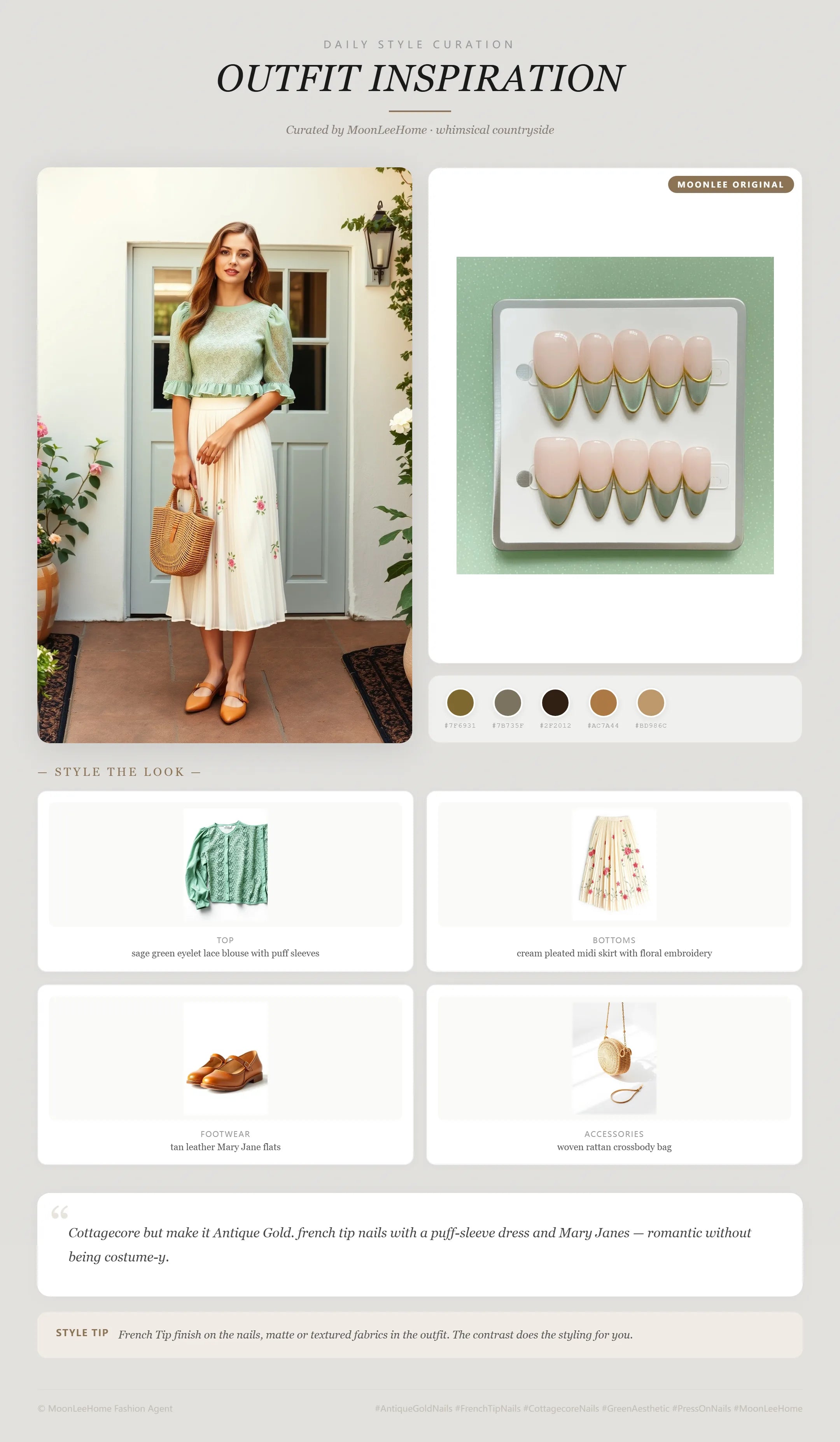 MOONLEE Matcha Mousse Press-On Nails paired with sage green eyelet lace blouse, cream pleated midi skirt with floral embroidery, tan leather Mary Jane flats, woven rattan crossbody bag — cottagecore garden party outfit inspiration