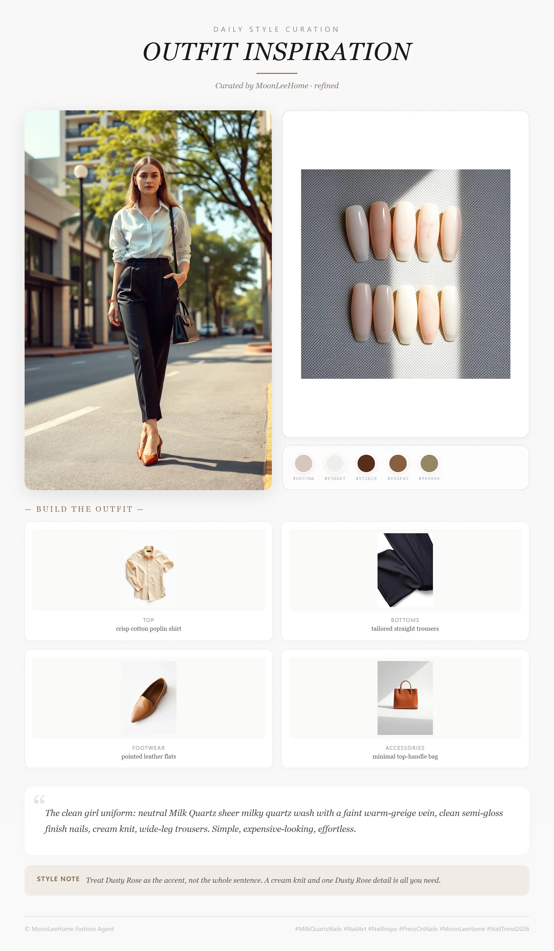 MOONLEE Milk Quartz × Warm Greige Minimalist Press-On Nails paired with crisp cotton poplin shirt, tailored straight trousers, pointed leather flats, minimal top-handle bag fashion inspiration card