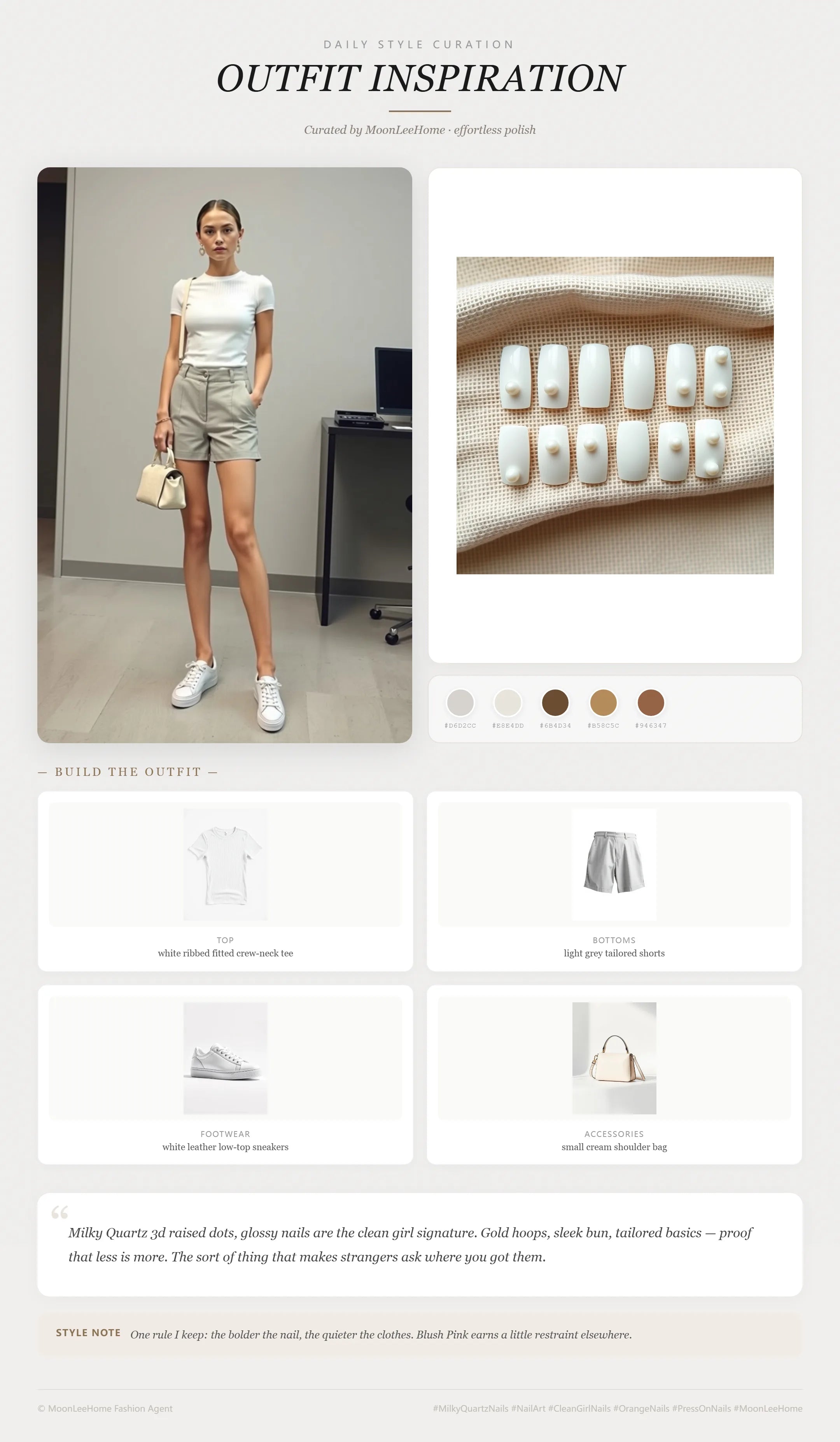 MOONLEE Misty Quartz 3D Press-On Nails paired with white ribbed crew-neck tee, light grey tailored shorts, white leather low-top sneakers, small cream shoulder bag — office outfit inspiration