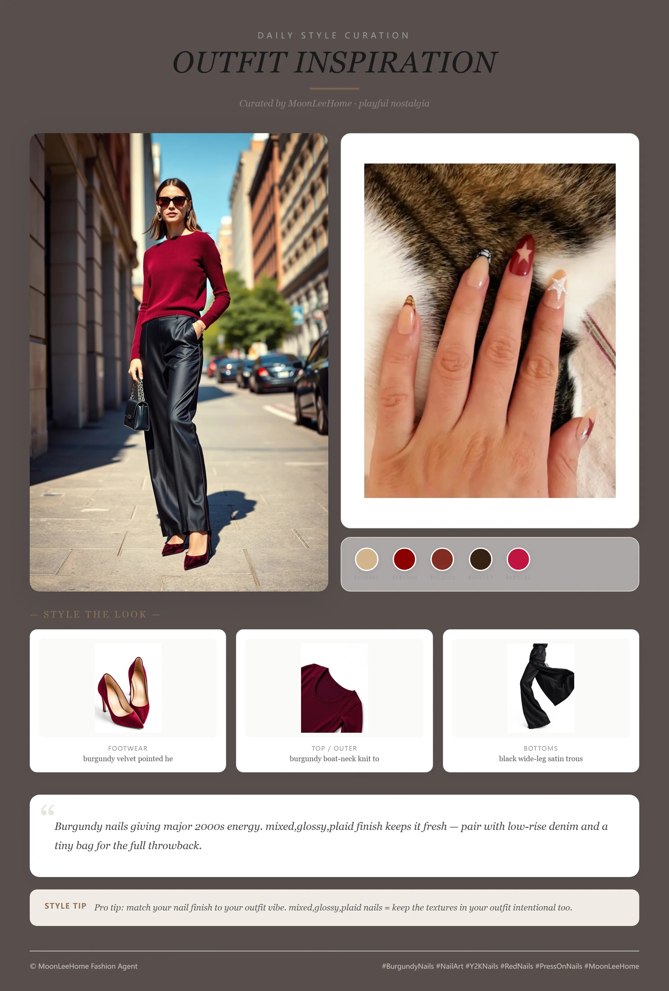 MOONLEE Burgundy × Nude Y2K Press-On Nails paired with burgundy boat-neck knit top, black wide-leg satin trousers, burgundy velvet pointed heels, black mini chain-strap bag fashion inspiration card