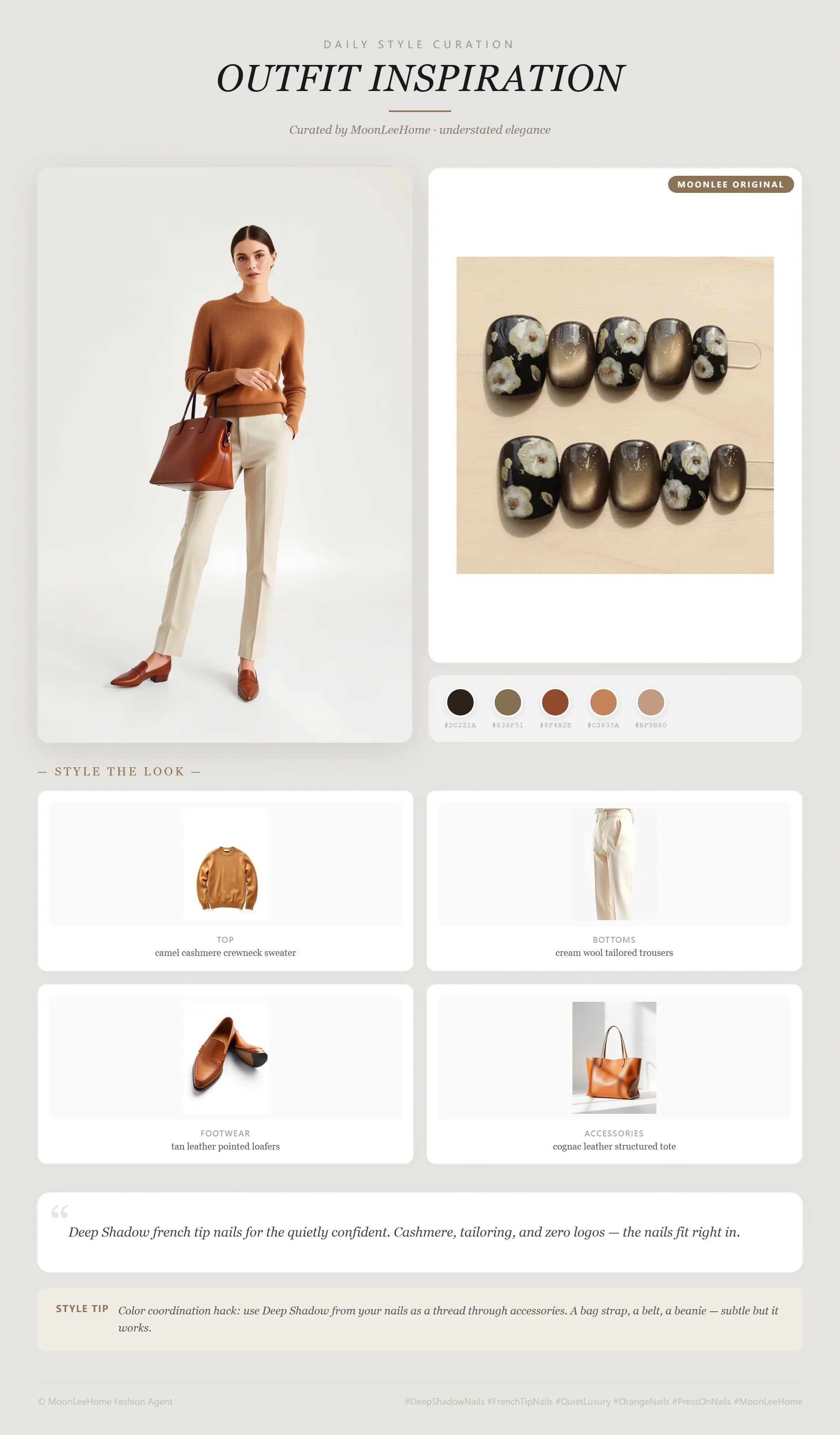 MOONLEE Mocha Cream Blossom Press-On Nails paired with camel cashmere crewneck sweater, cream wool tailored trousers, tan leather pointed loafers, cognac leather structured tote — quiet luxury office outfit inspiration